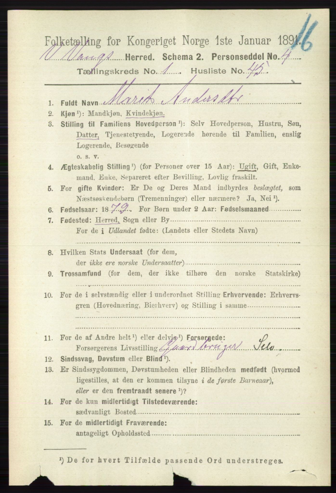 RA, 1891 census for 0545 Vang, 1891, p. 342