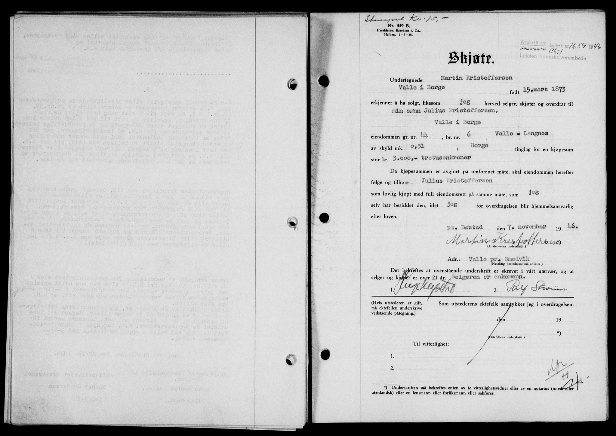 Lofoten sorenskriveri, SAT/A-0017/1/2/2C/L0015a: Mortgage book no. 15a, 1946-1947, Diary no: : 1659/1946