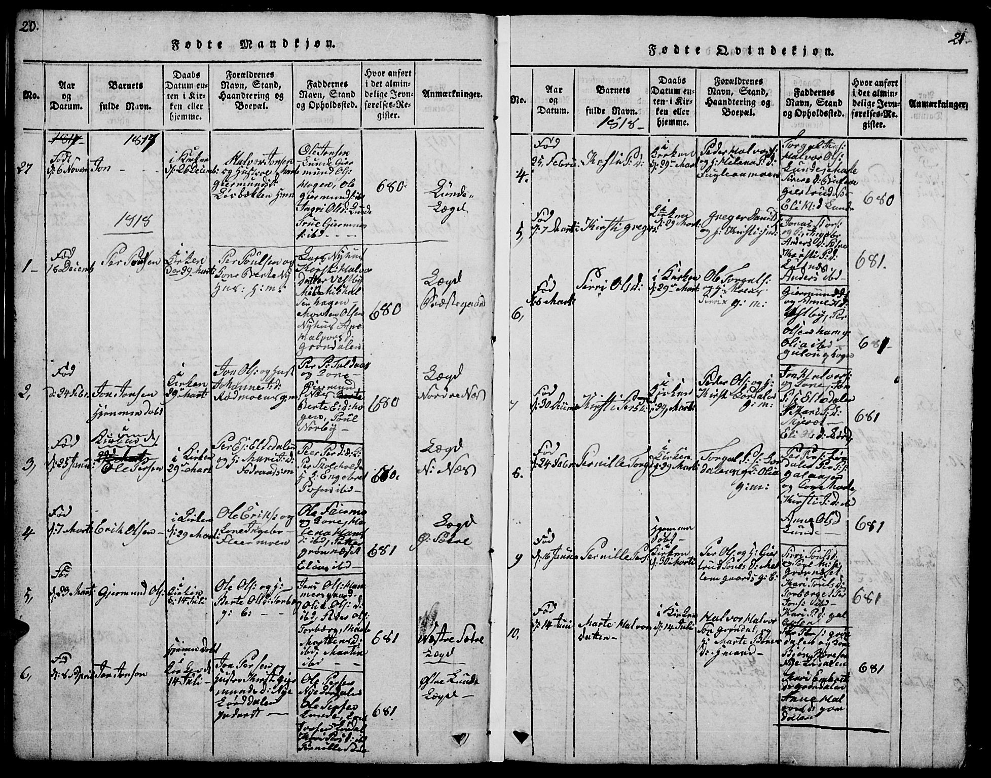 Trysil prestekontor, AV/SAH-PREST-046/H/Ha/Hab/L0004: Parish register (copy) no. 4, 1814-1841, p. 20-21