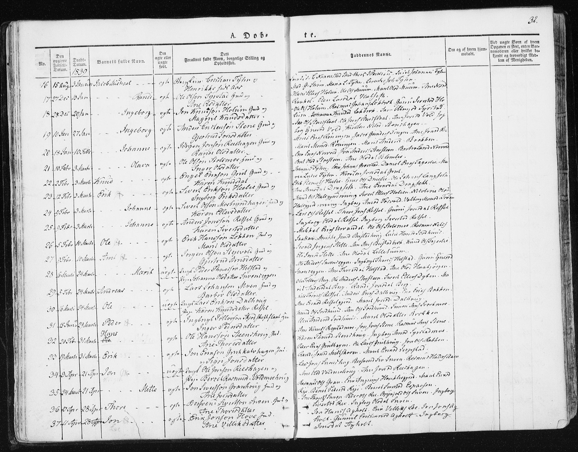 Ministerialprotokoller, klokkerbøker og fødselsregistre - Sør-Trøndelag, SAT/A-1456/672/L0855: Parish register (official) no. 672A07, 1829-1860, p. 32