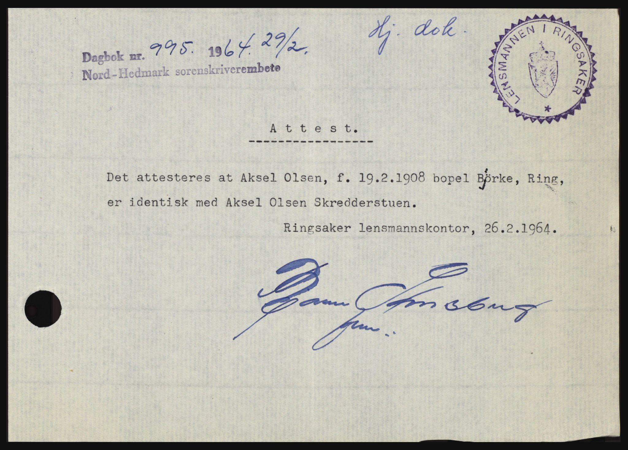 Nord-Hedmark sorenskriveri, SAH/TING-012/H/Hc/L0019: Mortgage book no. 19, 1963-1964, Diary no: : 995/1964