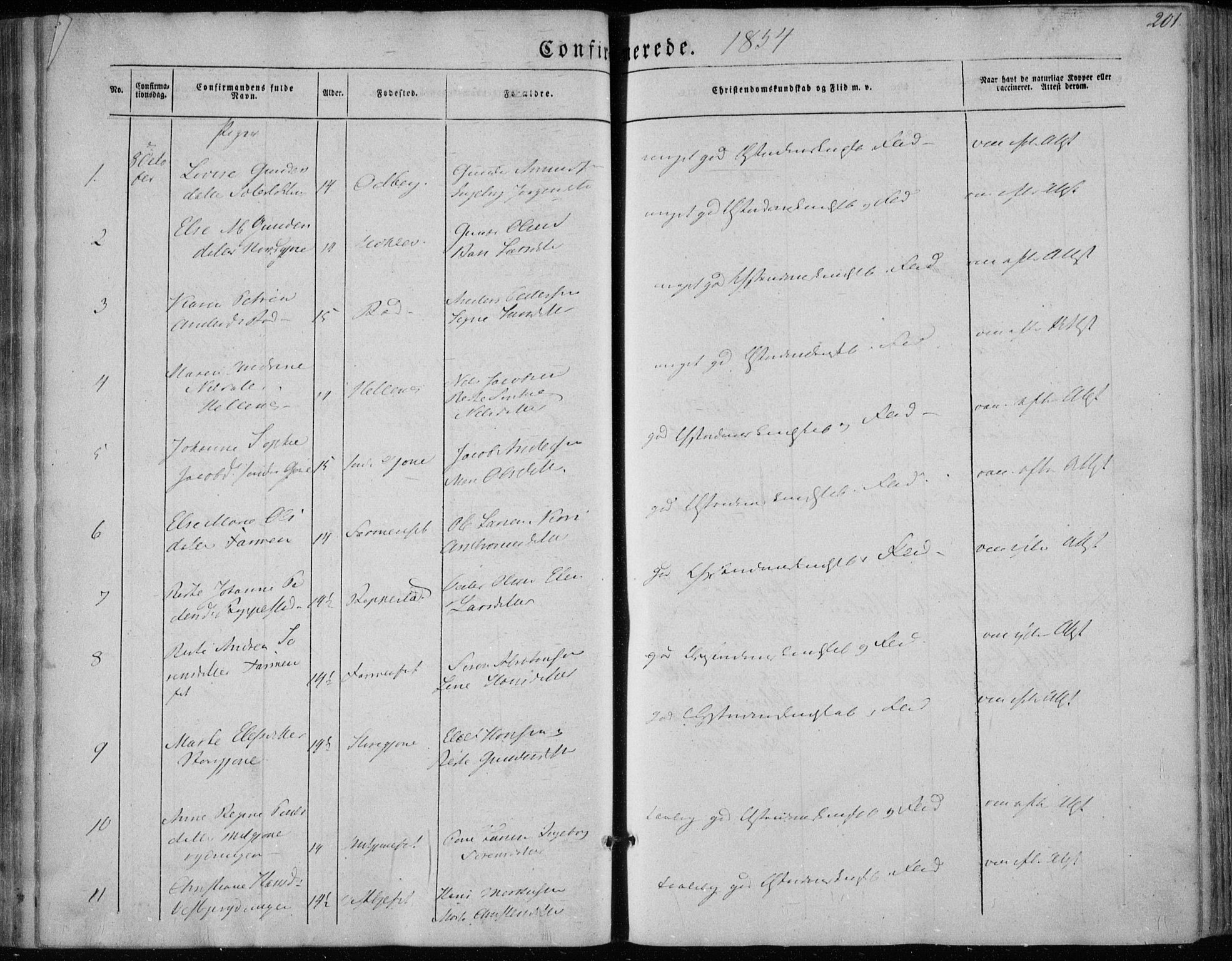 Hedrum kirkebøker, AV/SAKO-A-344/F/Fa/L0006: Parish register (official) no. I 6, 1849-1857, p. 201