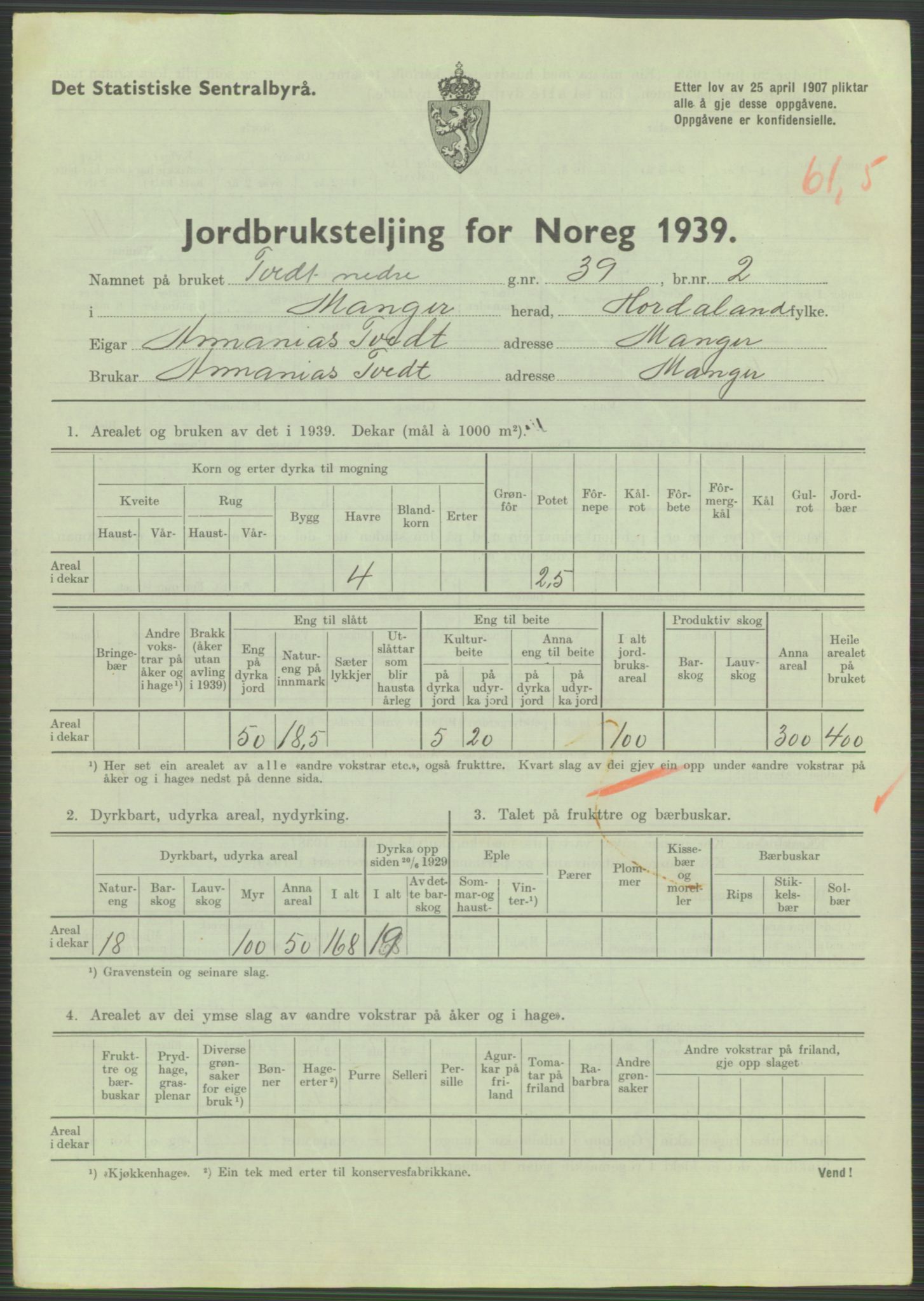 Statistisk sentralbyrå, Næringsøkonomiske emner, Jordbruk, skogbruk, jakt, fiske og fangst, AV/RA-S-2234/G/Gb/L0211: Hordaland: Herdla, Hjelme og Manger, 1939, p. 1849