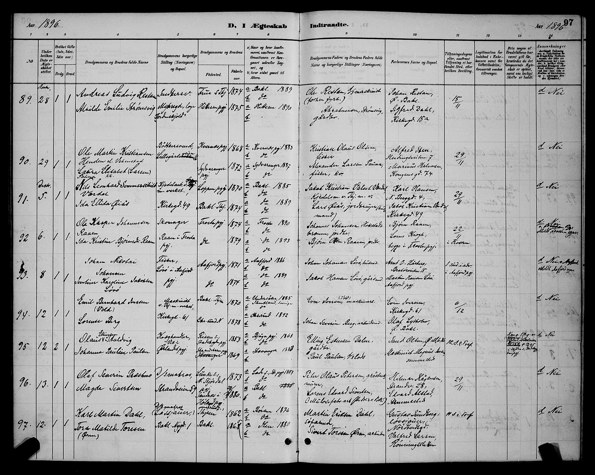 Ministerialprotokoller, klokkerbøker og fødselsregistre - Sør-Trøndelag, SAT/A-1456/604/L0223: Parish register (copy) no. 604C06, 1886-1897, p. 97