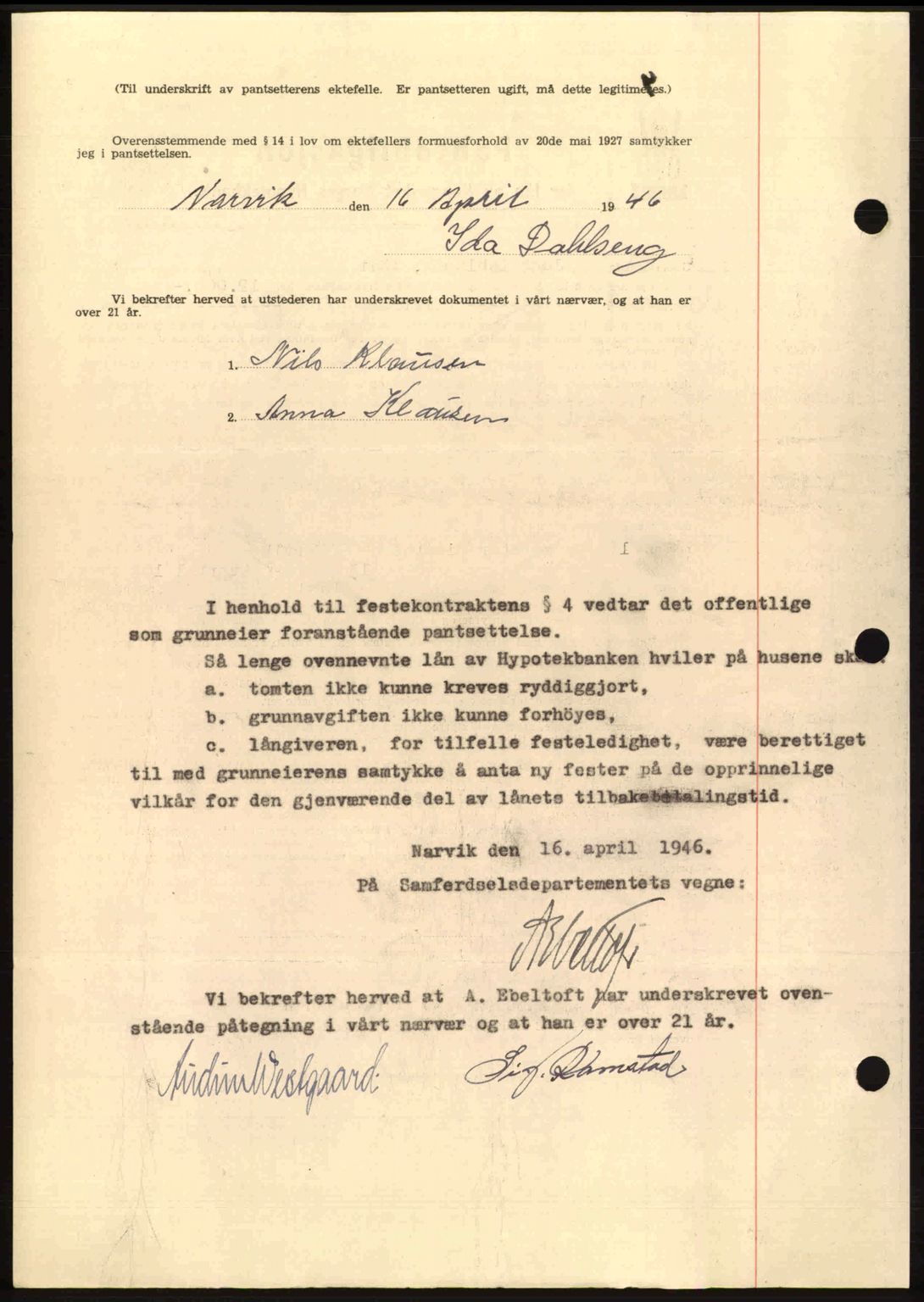 Narvik sorenskriveri, SAT/A-0002/1/2/2C/2Ca: Mortgage book no. A21, 1946-1947, Diary no: : 196/1946