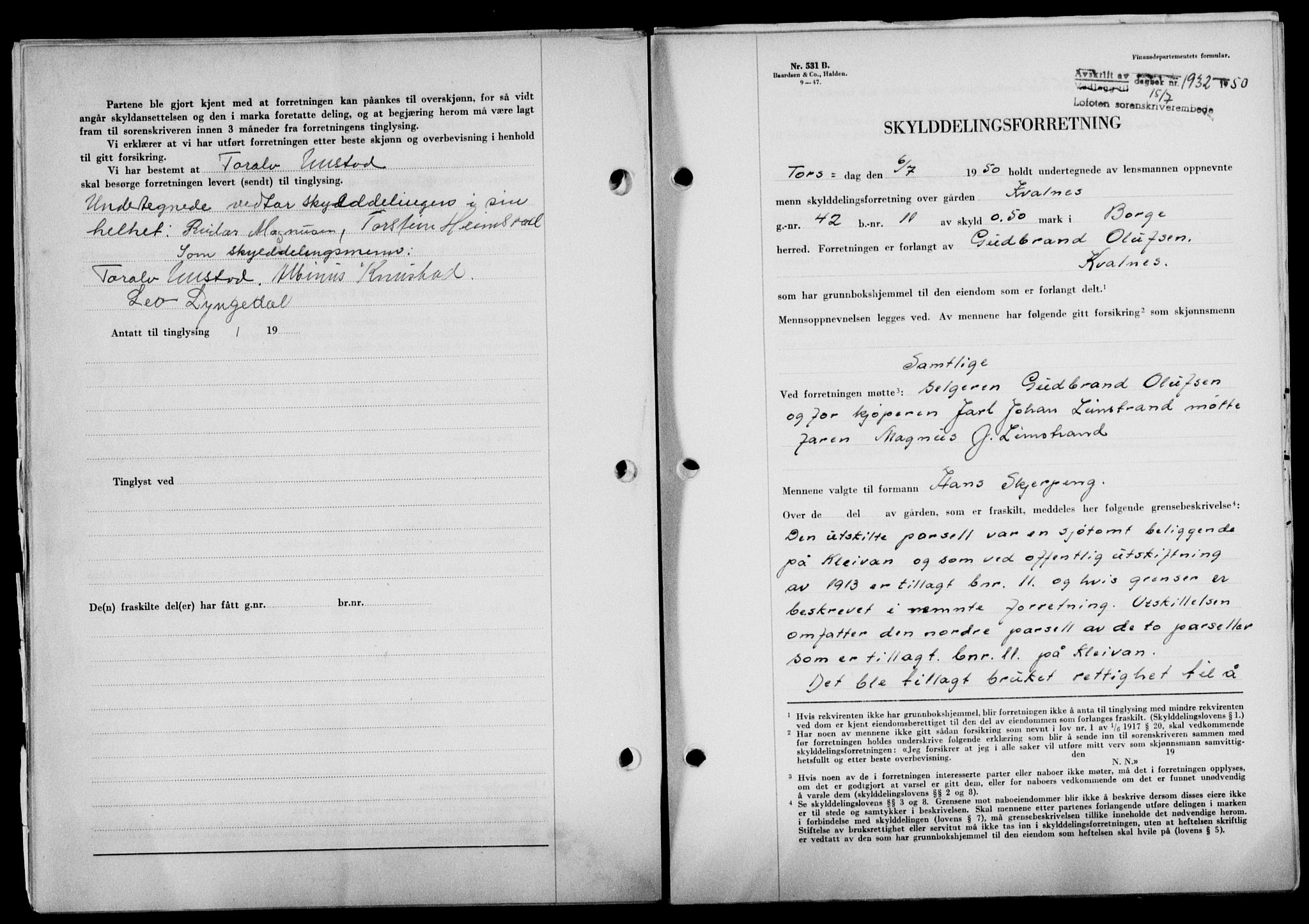 Lofoten sorenskriveri, SAT/A-0017/1/2/2C/L0024a: Mortgage book no. 24a, 1950-1950, Diary no: : 1932/1950
