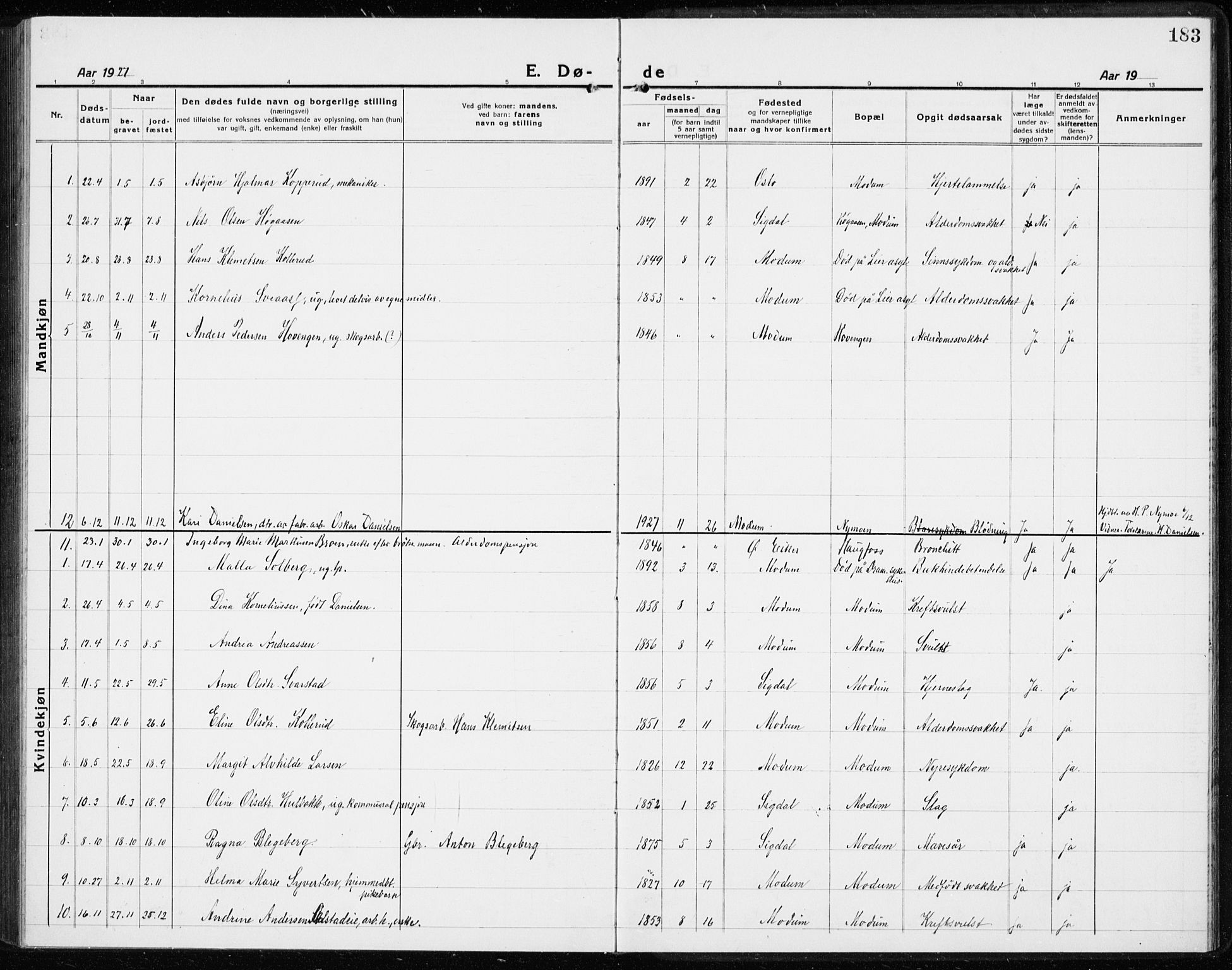 Modum kirkebøker, AV/SAKO-A-234/G/Gc/L0002: Parish register (copy) no. III 2, 1919-1935, p. 183