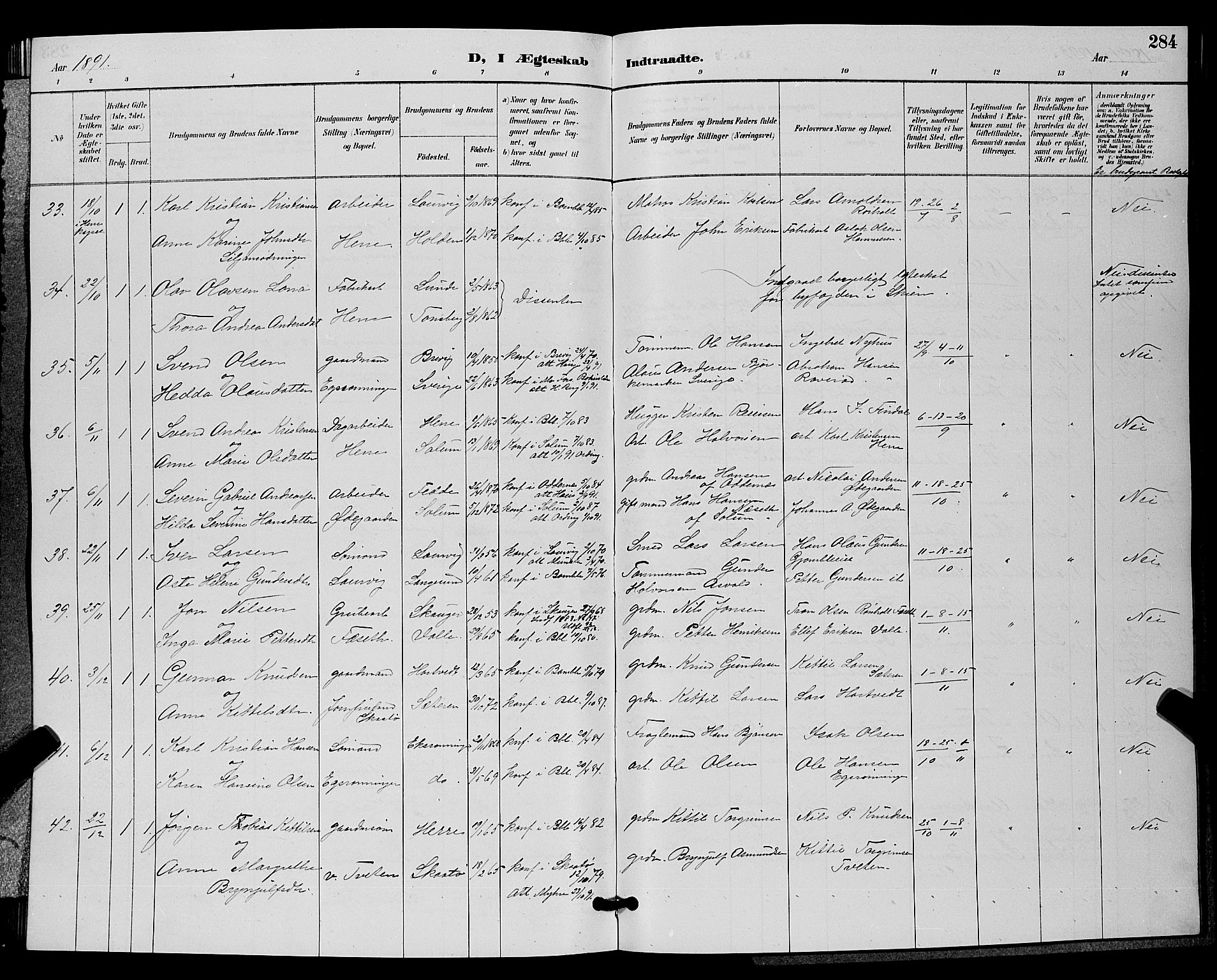 Bamble kirkebøker, AV/SAKO-A-253/G/Ga/L0009: Parish register (copy) no. I 9, 1888-1900, p. 284