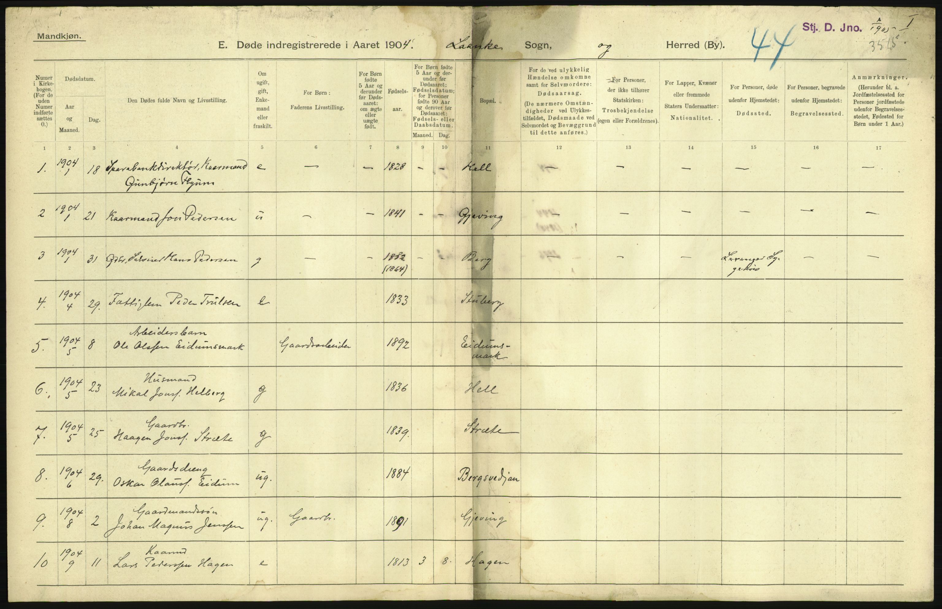 Statistisk sentralbyrå, Sosiodemografiske emner, Befolkning, AV/RA-S-2228/D/Df/Dfa/Dfab/L0019: Nordre Trondhjems amt: Fødte, gifte, døde, 1904, p. 443