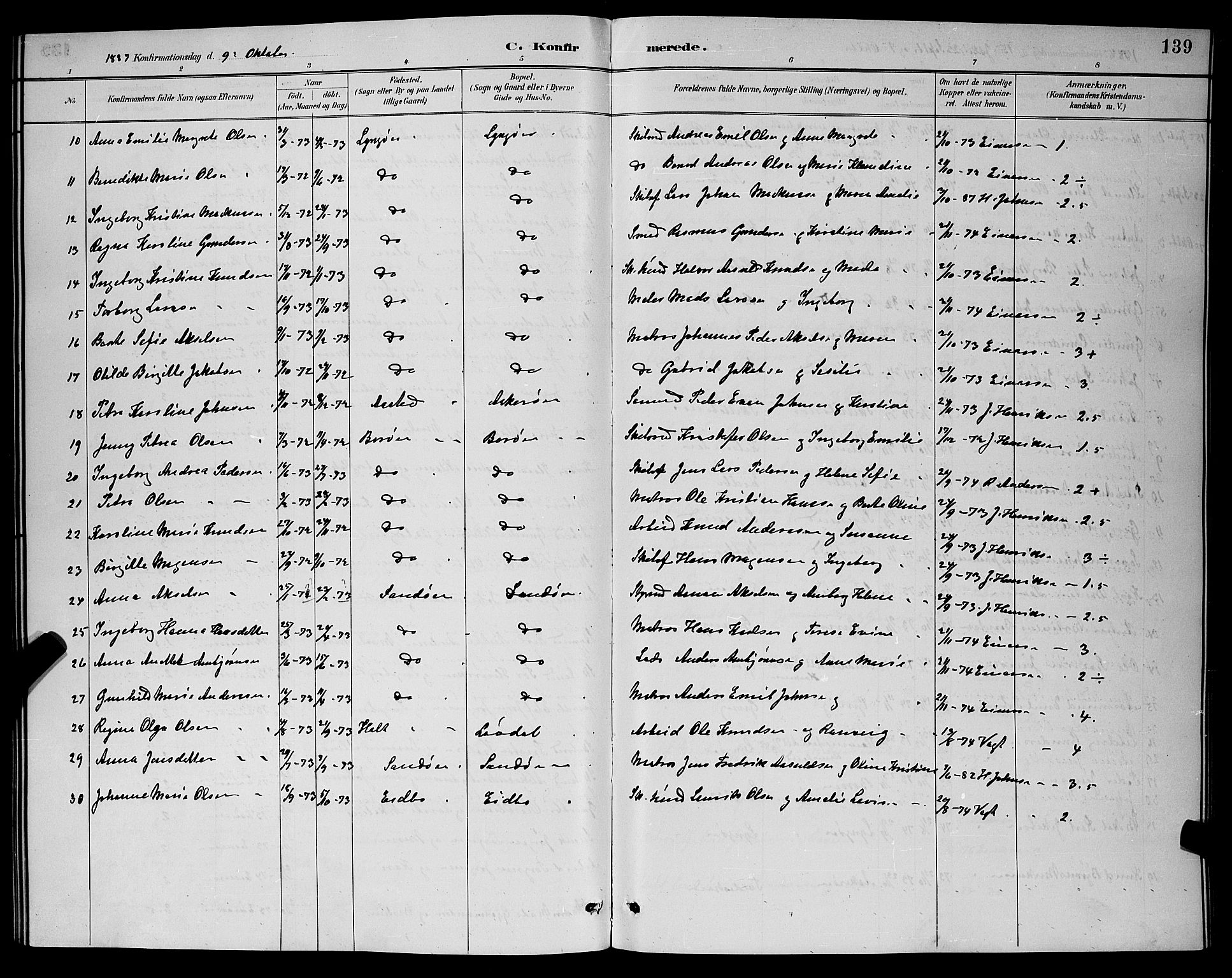 Dypvåg sokneprestkontor, AV/SAK-1111-0007/F/Fb/Fba/L0013: Parish register (copy) no. B 13, 1887-1900, p. 139