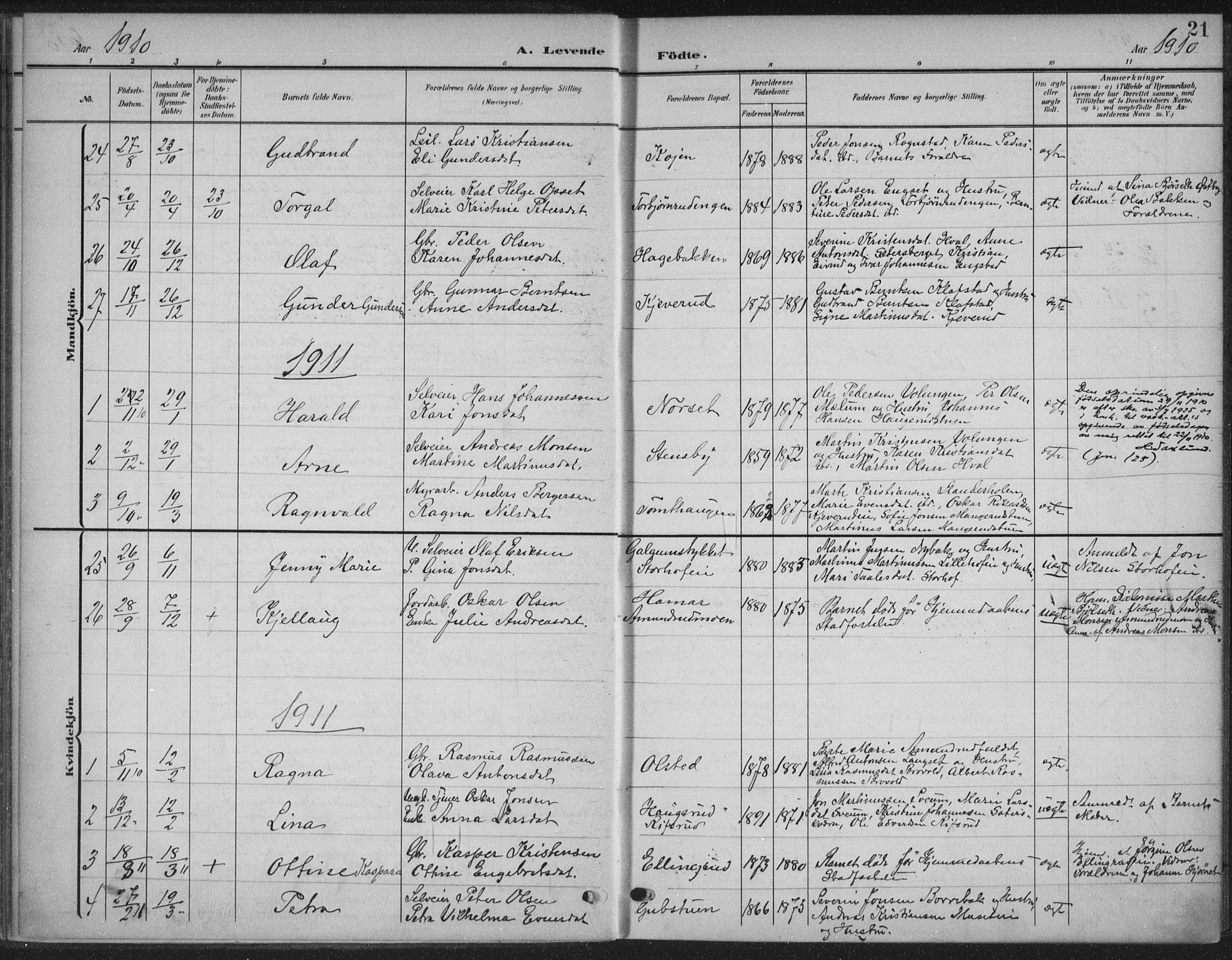 Romedal prestekontor, AV/SAH-PREST-004/K/L0009: Parish register (official) no. 9, 1906-1929, p. 21