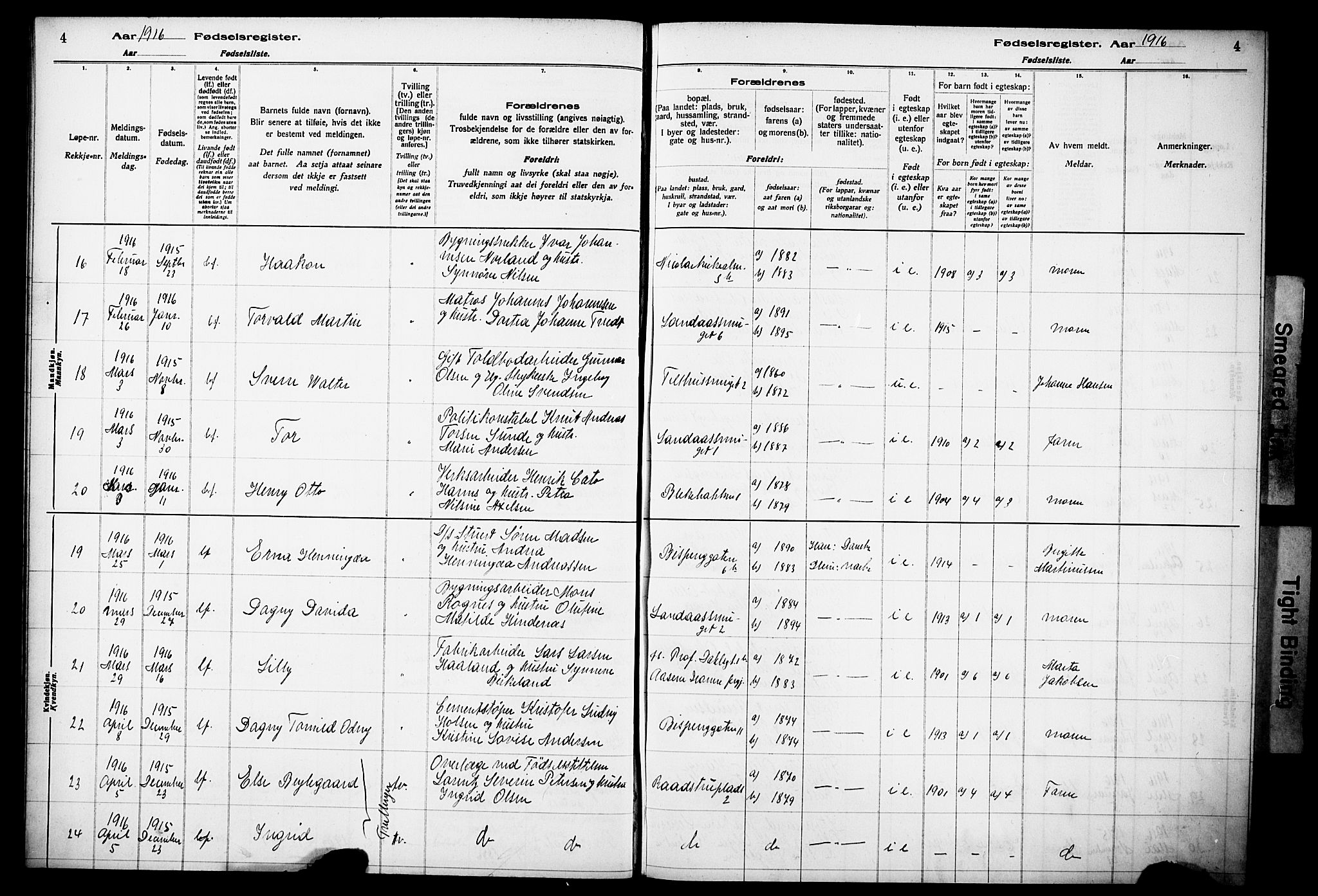 Korskirken sokneprestembete, AV/SAB-A-76101/I/Id/L00A1: Birth register no. A 1, 1916-1929, p. 4