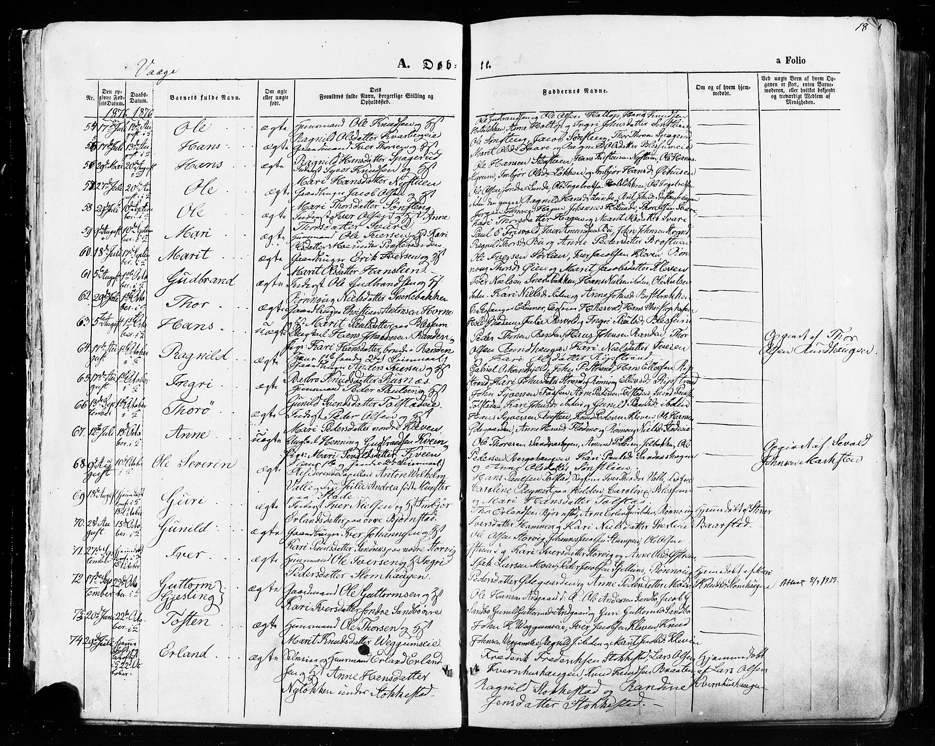 Vågå prestekontor, AV/SAH-PREST-076/H/Ha/Haa/L0007: Parish register (official) no. 7 /1, 1872-1886, p. 18