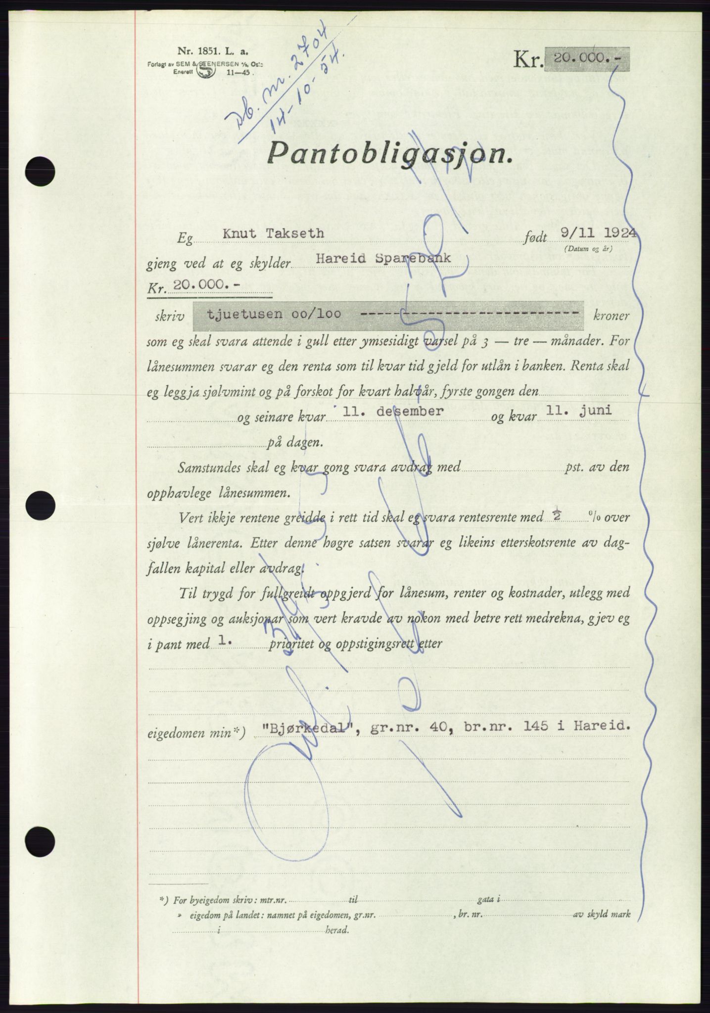 Søre Sunnmøre sorenskriveri, AV/SAT-A-4122/1/2/2C/L0126: Mortgage book no. 14B, 1954-1955, Diary no: : 2704/1954