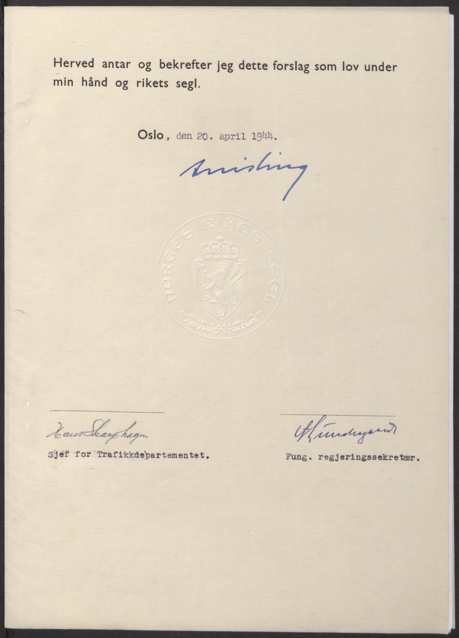 NS-administrasjonen 1940-1945 (Statsrådsekretariatet, de kommisariske statsråder mm), AV/RA-S-4279/D/Db/L0100: Lover, 1944, p. 188