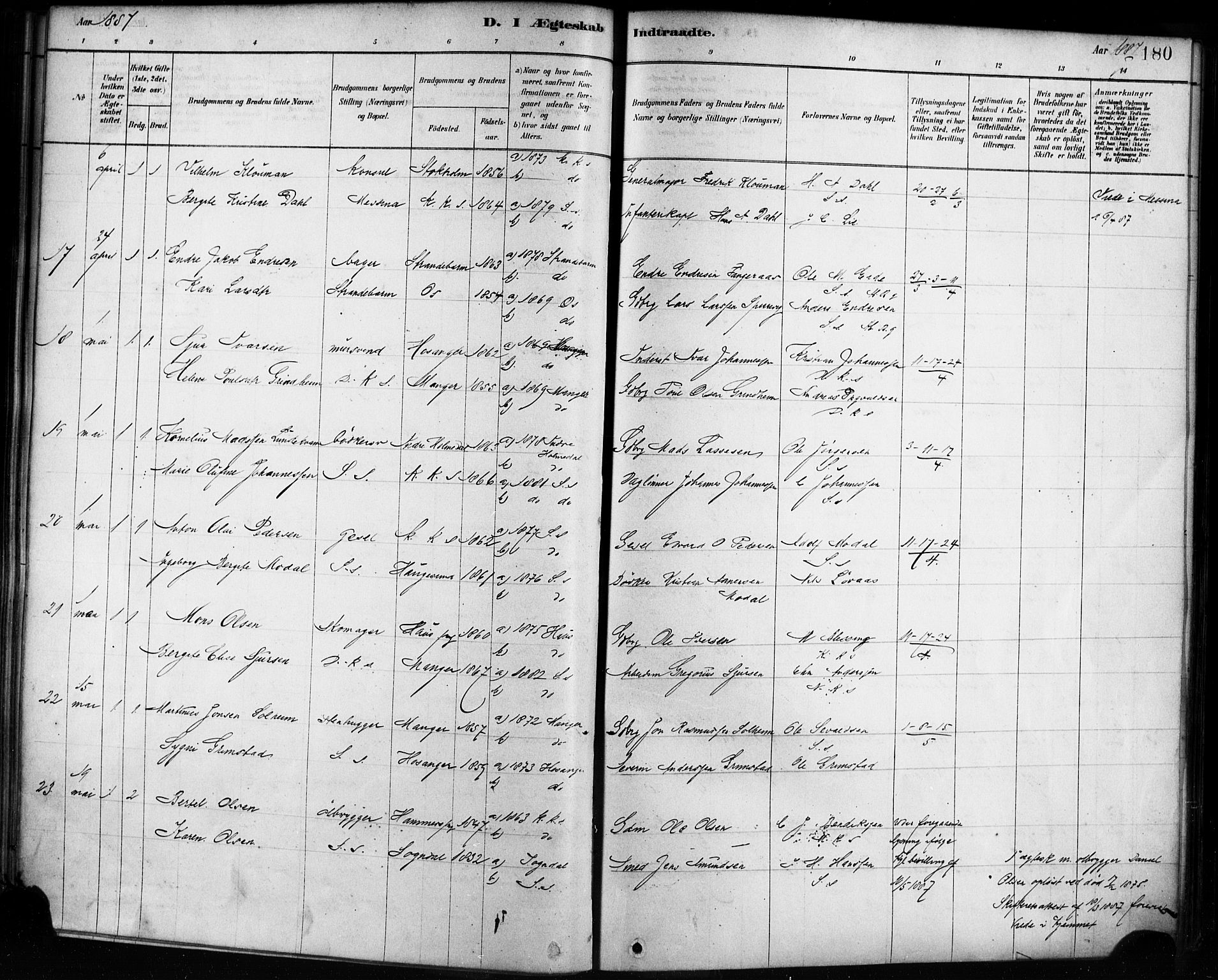 Sandviken Sokneprestembete, AV/SAB-A-77601/H/Ha/L0002: Parish register (official) no. A 2, 1878-1896, p. 180