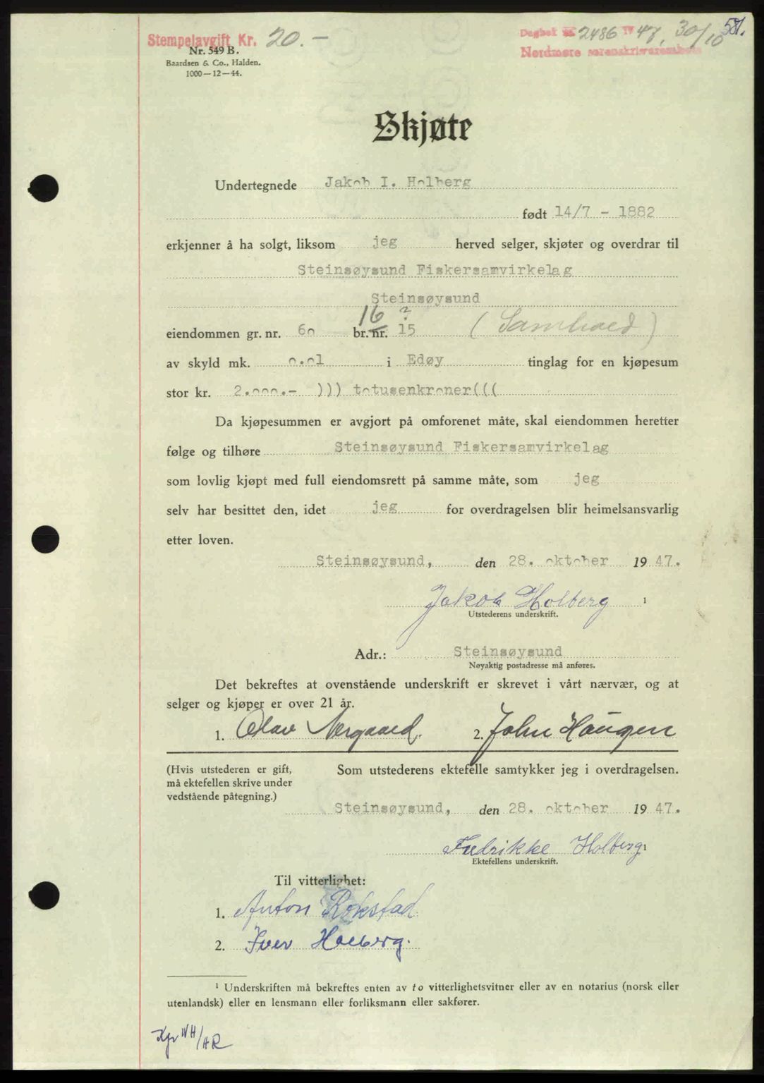 Nordmøre sorenskriveri, AV/SAT-A-4132/1/2/2Ca: Mortgage book no. A106, 1947-1947, Diary no: : 2486/1947