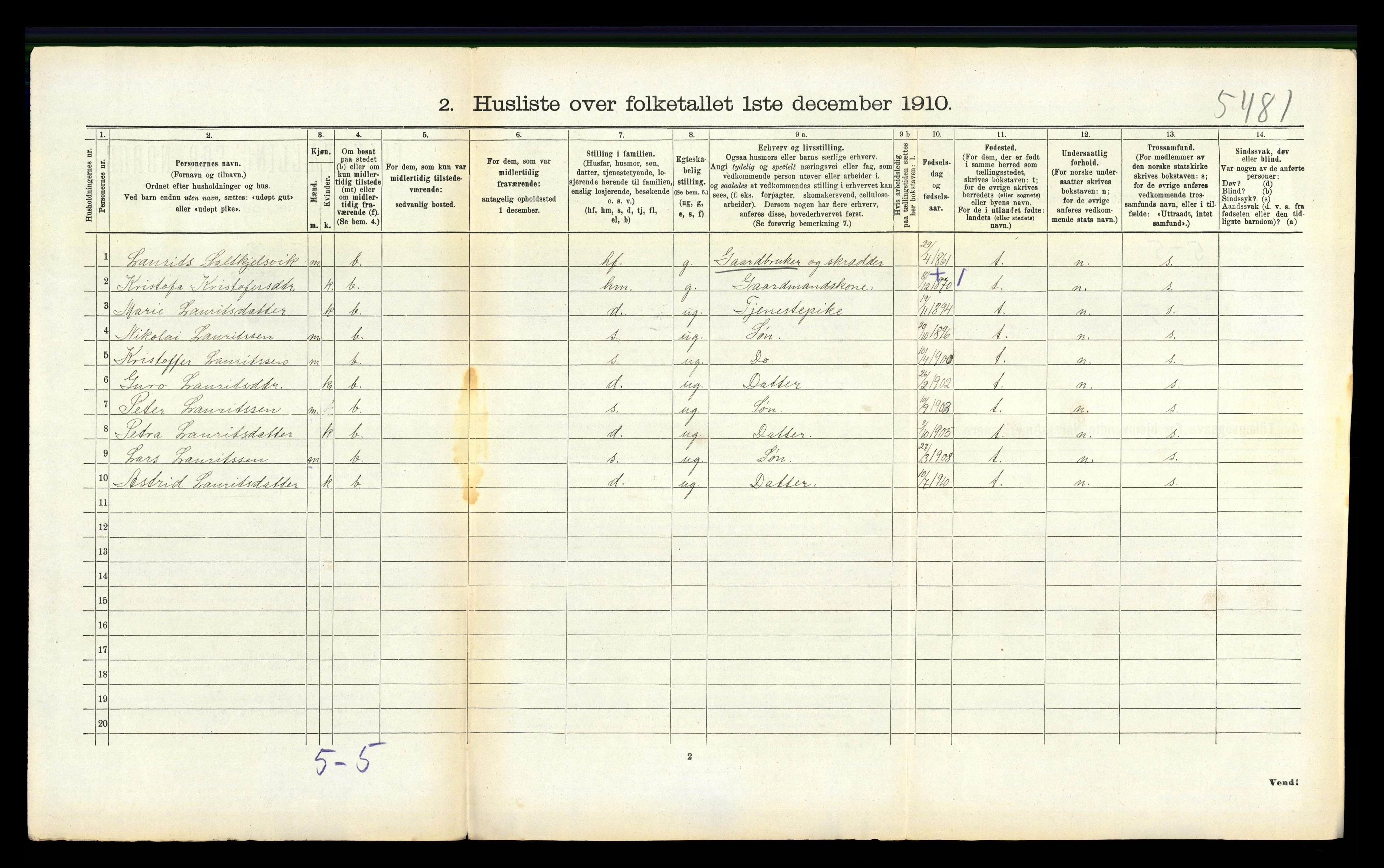 RA, 1910 census for Skodje, 1910, p. 212