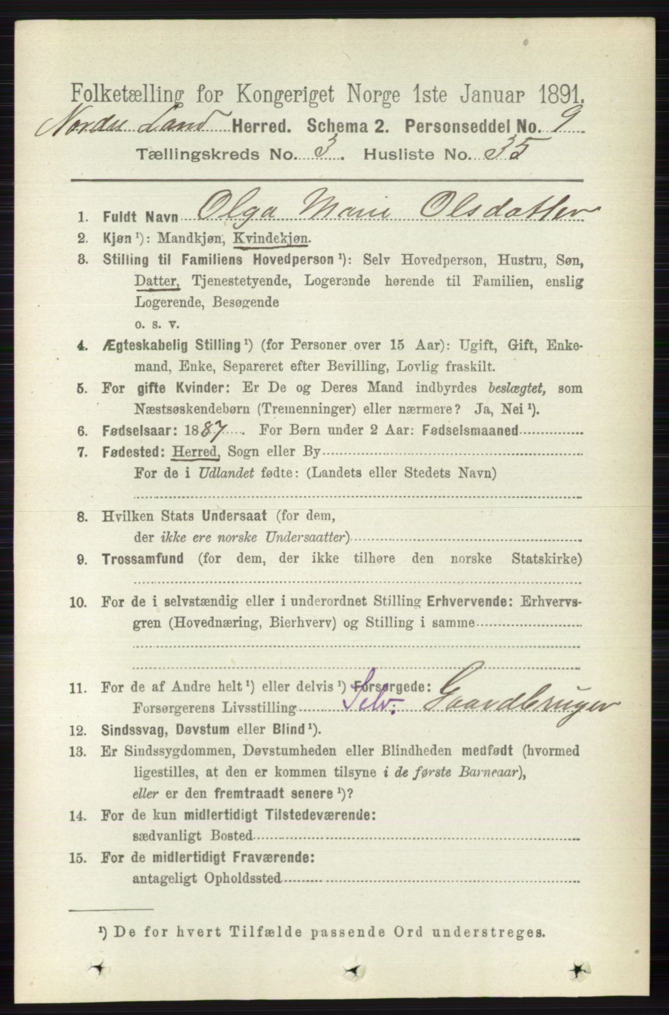 RA, 1891 census for 0538 Nordre Land, 1891, p. 1142