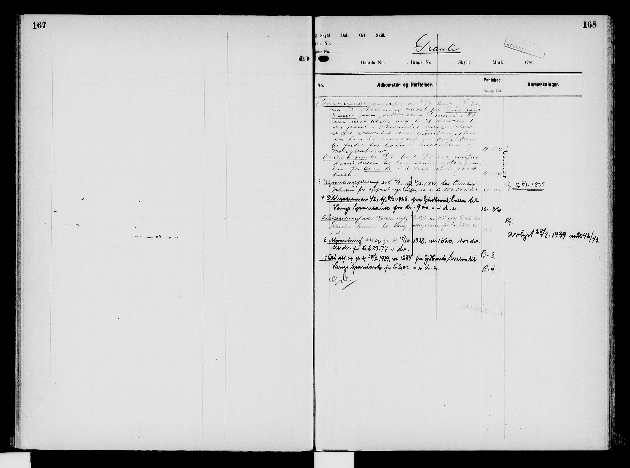 Nord-Hedmark sorenskriveri, SAH/TING-012/H/Ha/Had/Hade/L0008: Mortgage register no. 4.8, 1923-1940, p. 167-168