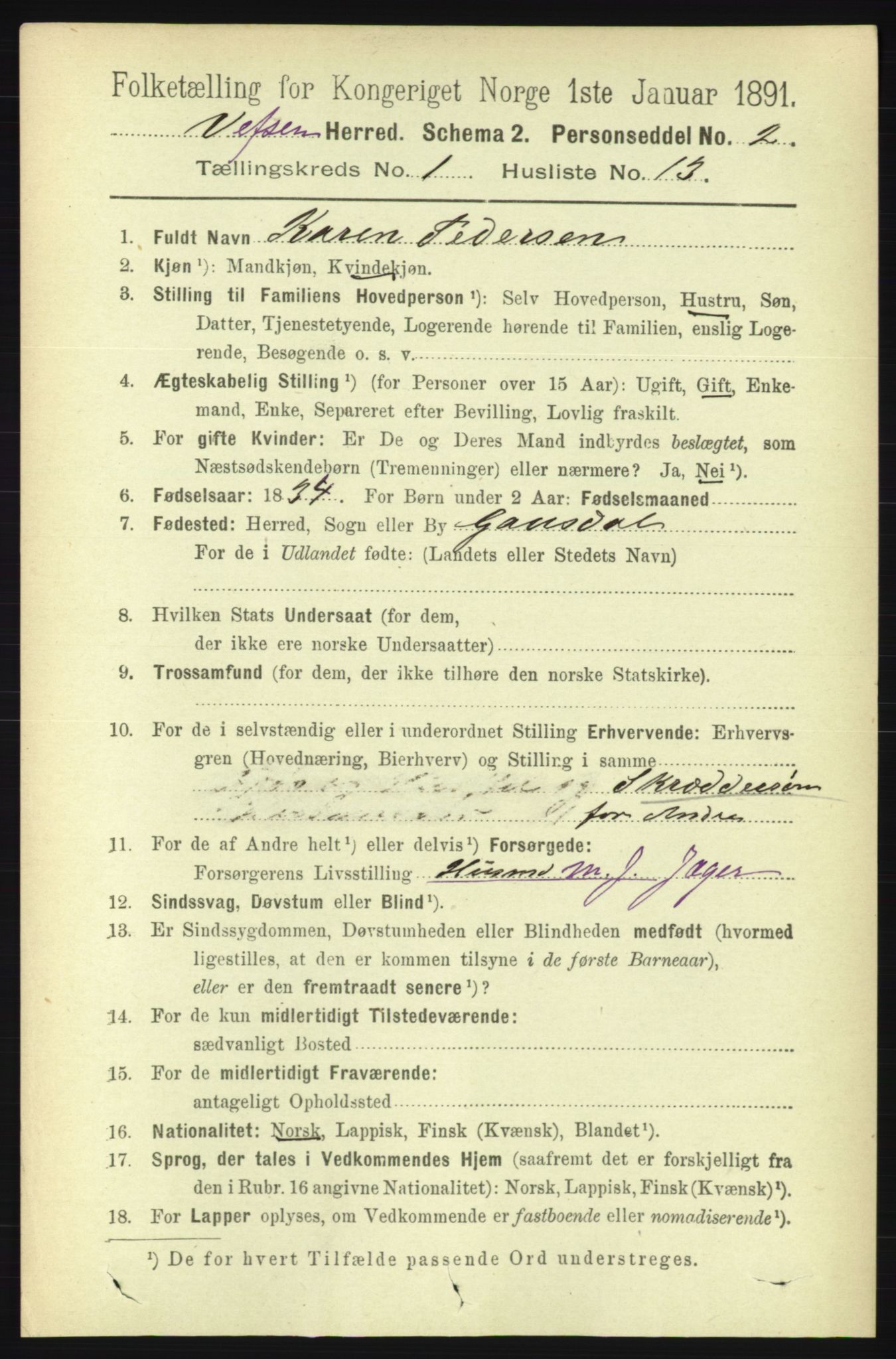 RA, 1891 census for 1824 Vefsn, 1891, p. 184