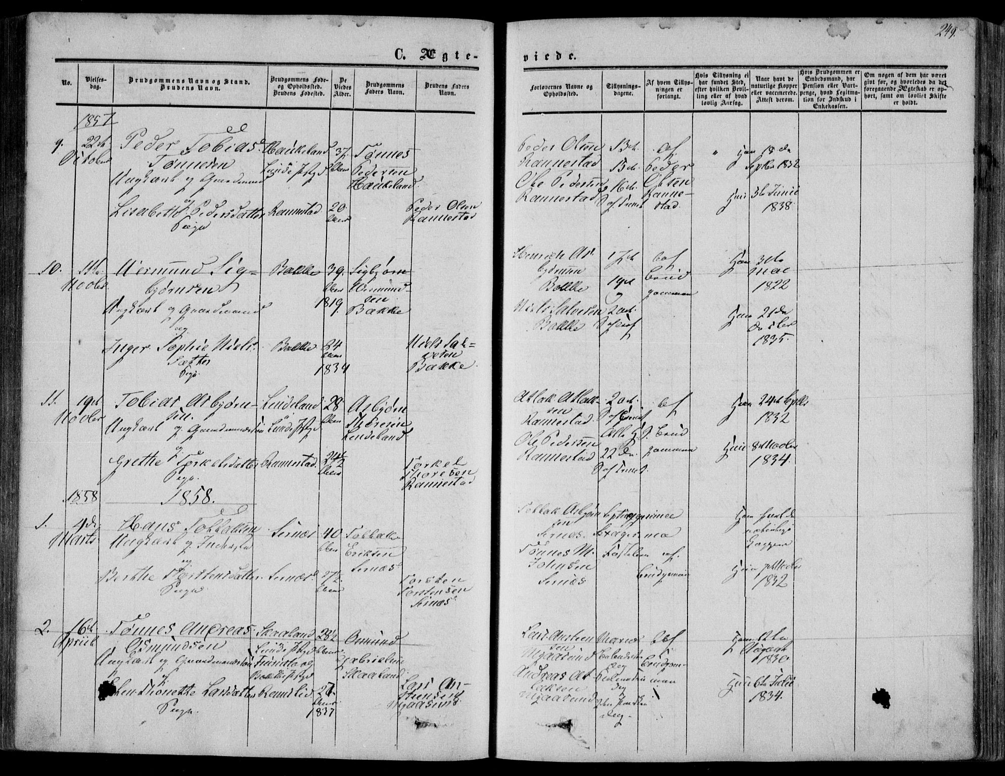 Bakke sokneprestkontor, SAK/1111-0002/F/Fa/Faa/L0006: Parish register (official) no. A 6, 1855-1877, p. 249
