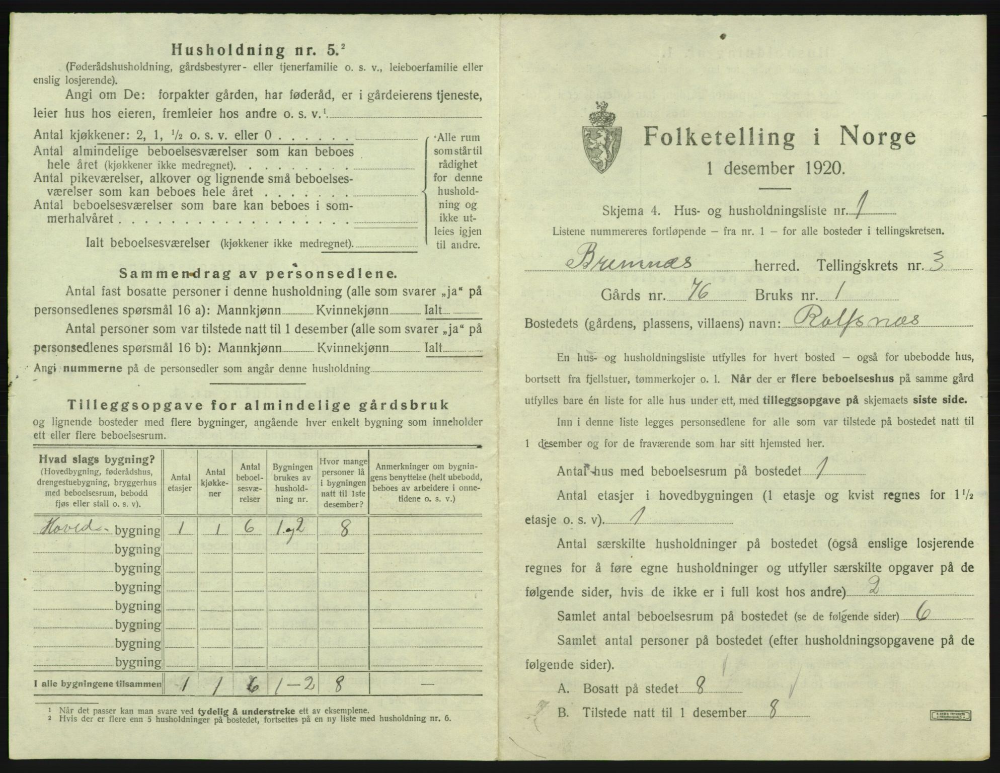 SAB, 1920 census for Bremnes, 1920, p. 119