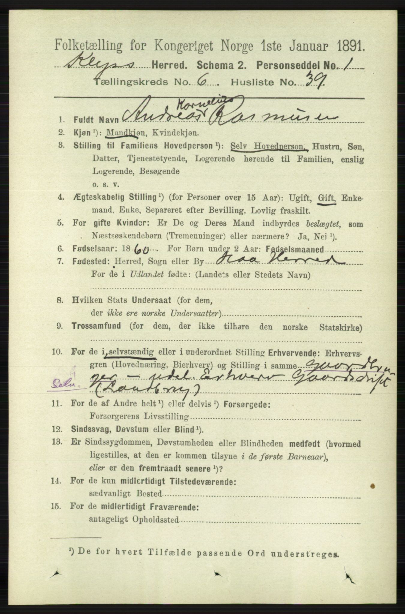 RA, 1891 census for 1120 Klepp, 1891, p. 1956