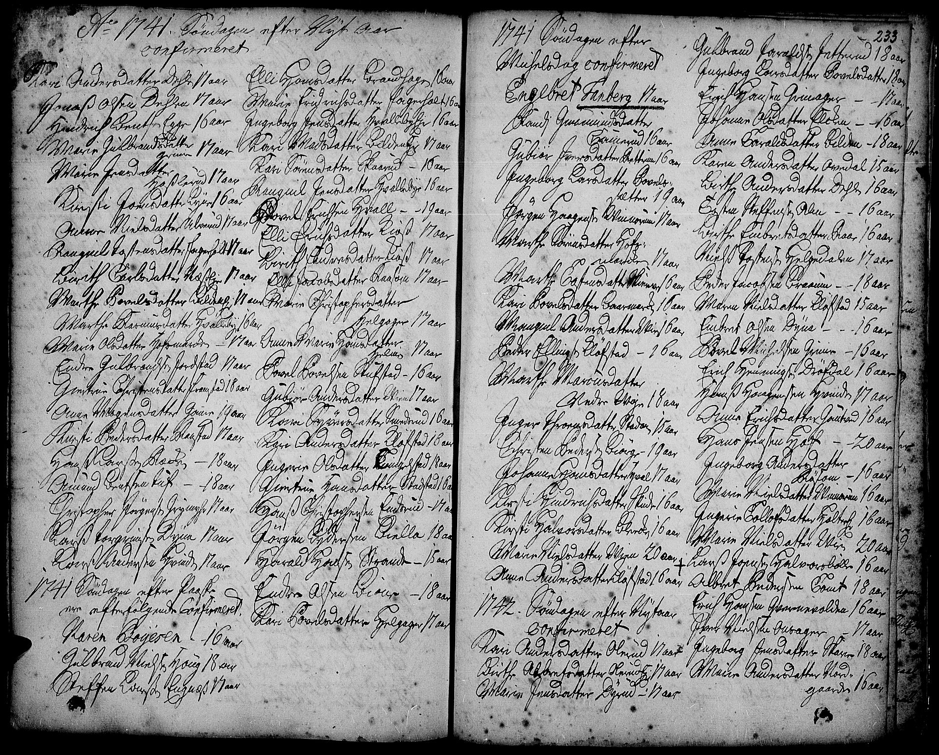 Gran prestekontor, SAH/PREST-112/H/Ha/Haa/L0002: Parish register (official) no. 2, 1732-1744, p. 233