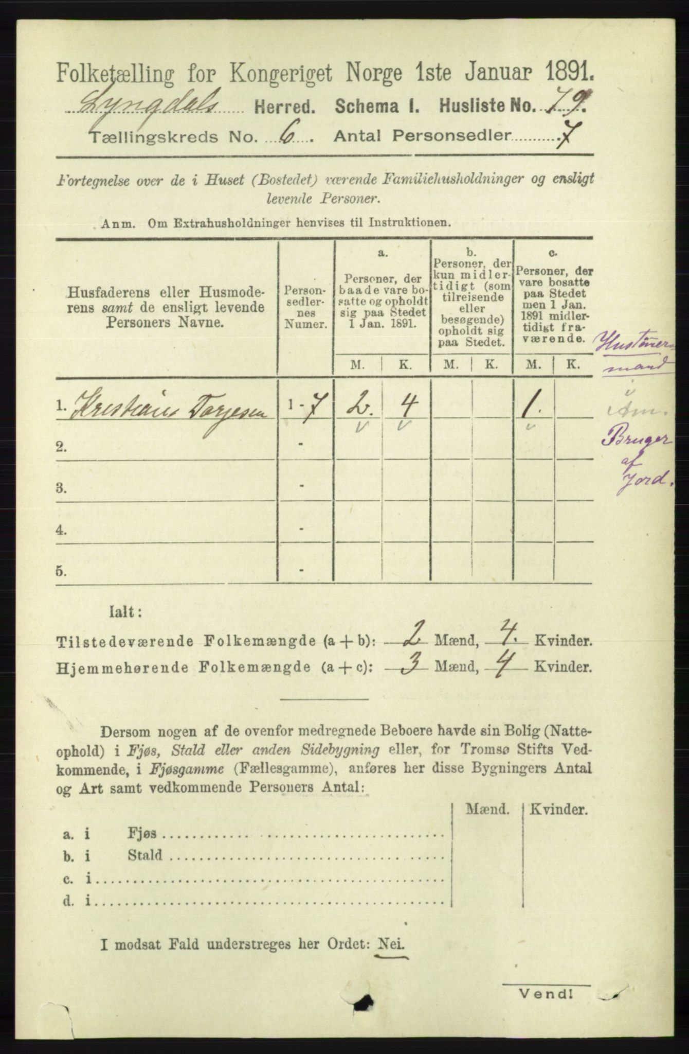 RA, 1891 census for 1032 Lyngdal, 1891, p. 2454