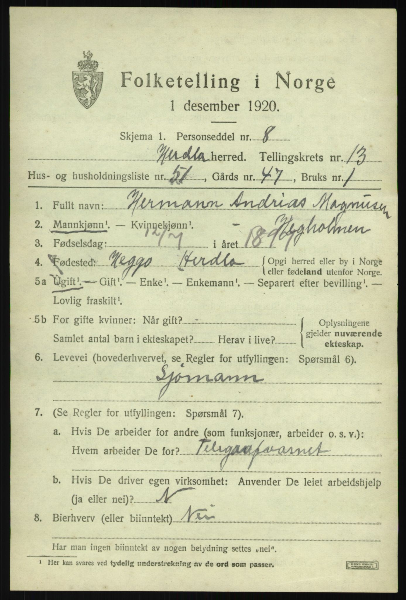 SAB, 1920 census for Herdla, 1920, p. 9685