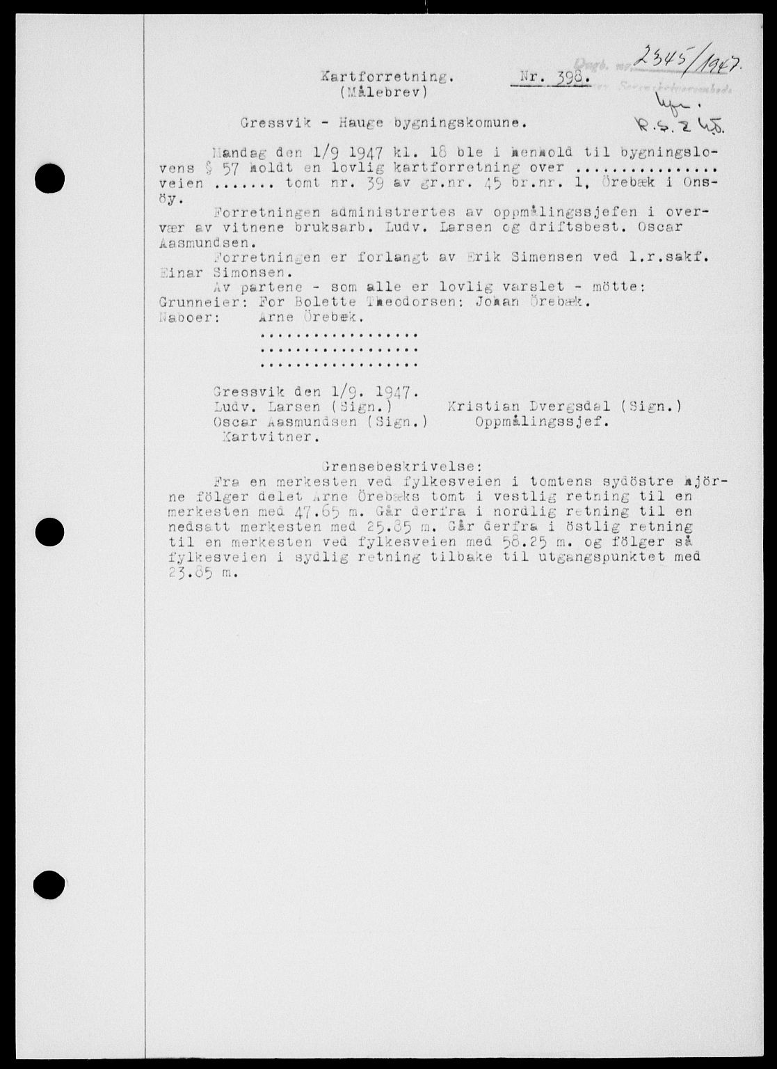 Onsøy sorenskriveri, SAO/A-10474/G/Ga/Gab/L0021: Mortgage book no. II A-21, 1947-1947, Diary no: : 2345/1947