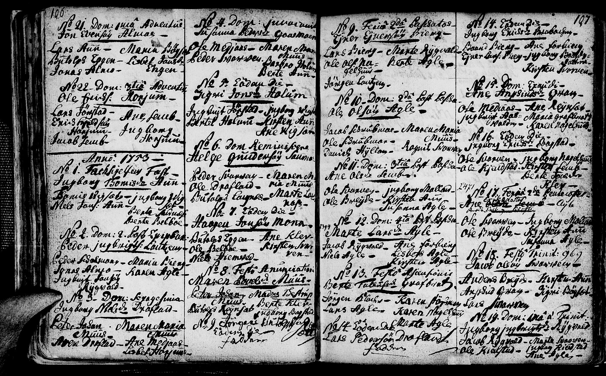 Ministerialprotokoller, klokkerbøker og fødselsregistre - Nord-Trøndelag, SAT/A-1458/749/L0467: Parish register (official) no. 749A01, 1733-1787, p. 106-107