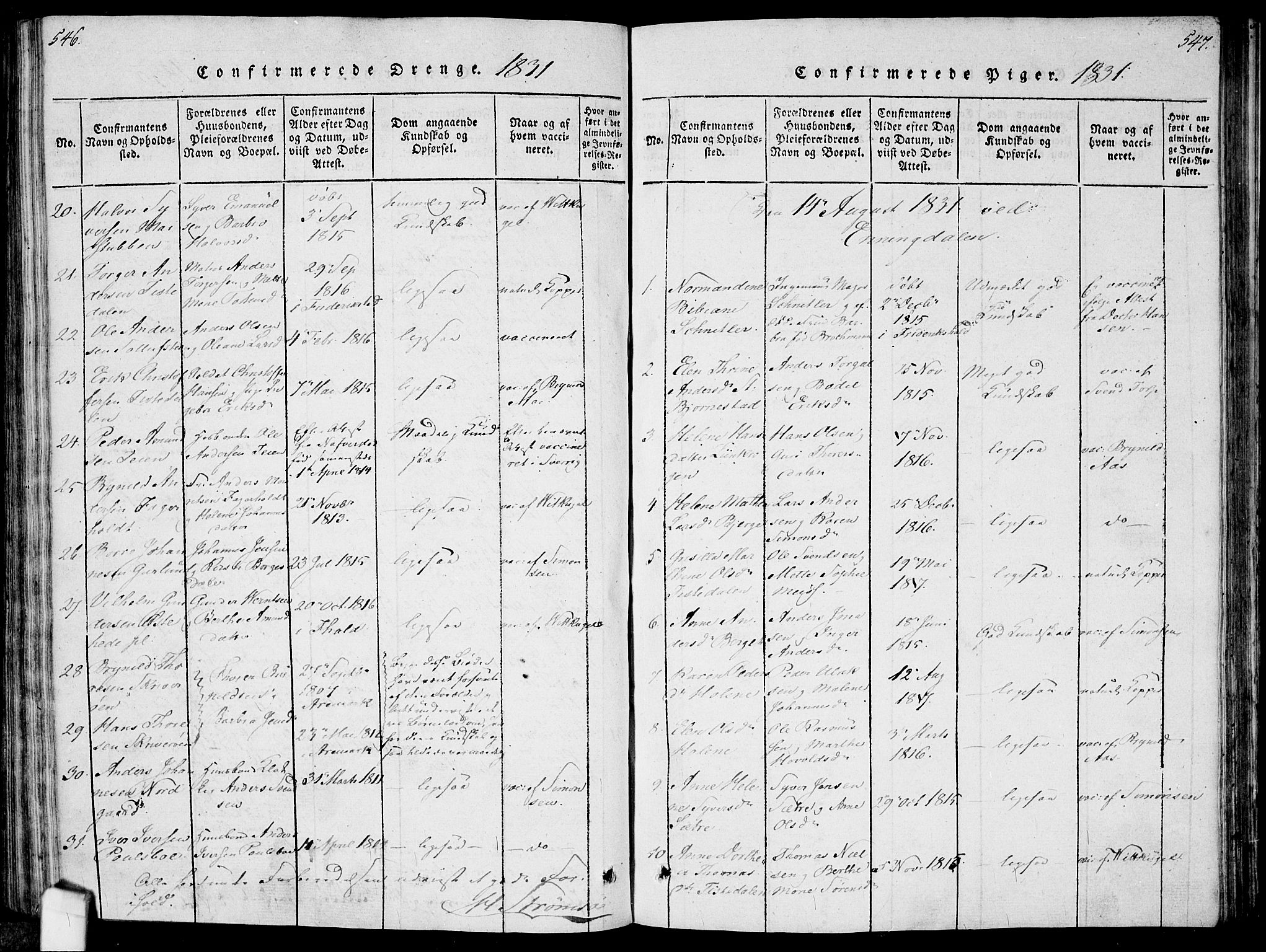 Idd prestekontor Kirkebøker, AV/SAO-A-10911/F/Fc/L0002: Parish register (official) no. III 2, 1815-1831, p. 546-547