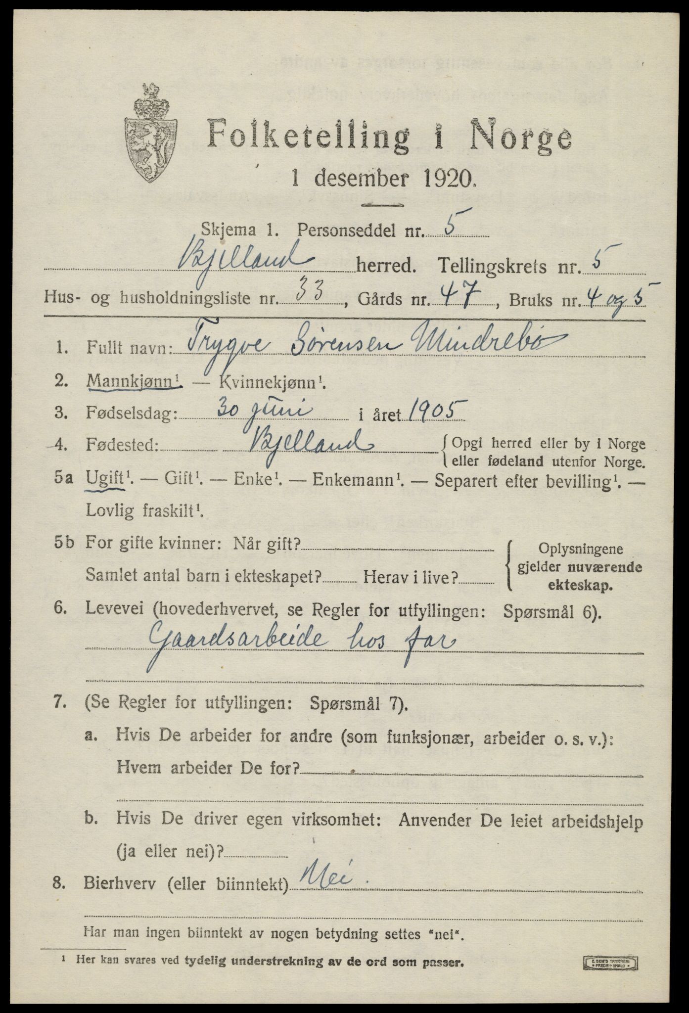 SAK, 1920 census for Bjelland, 1920, p. 1805