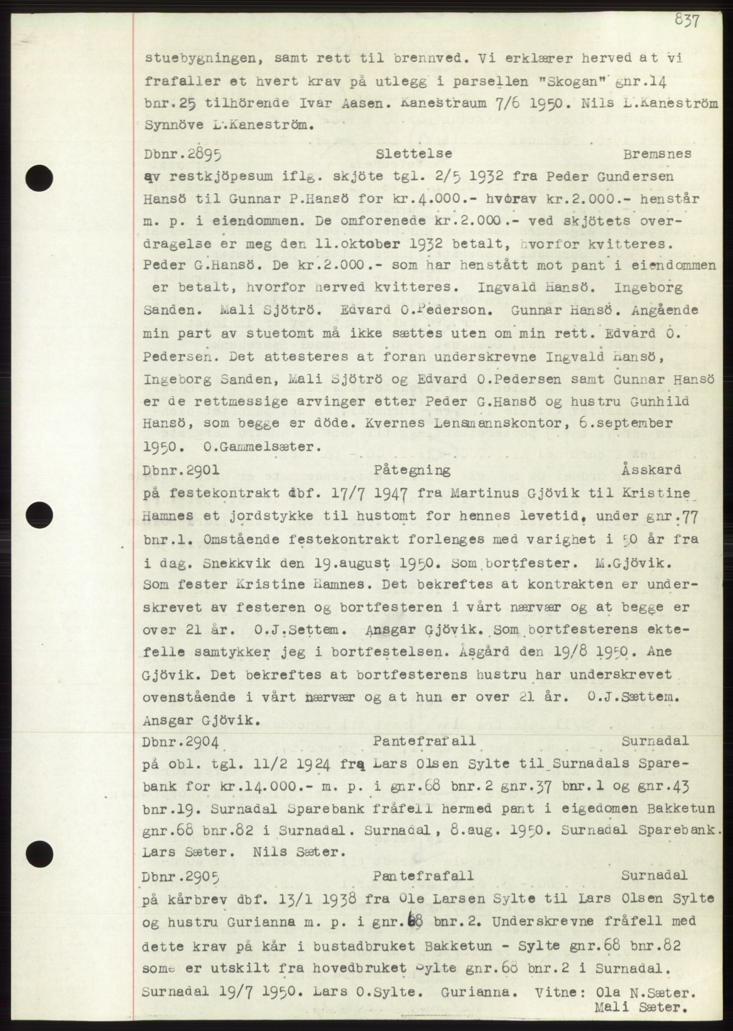 Nordmøre sorenskriveri, AV/SAT-A-4132/1/2/2Ca: Mortgage book no. C82b, 1946-1951, Diary no: : 2895/1950