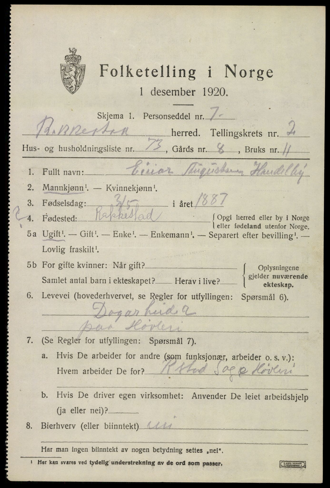 SAO, 1920 census for Rakkestad, 1920, p. 4423