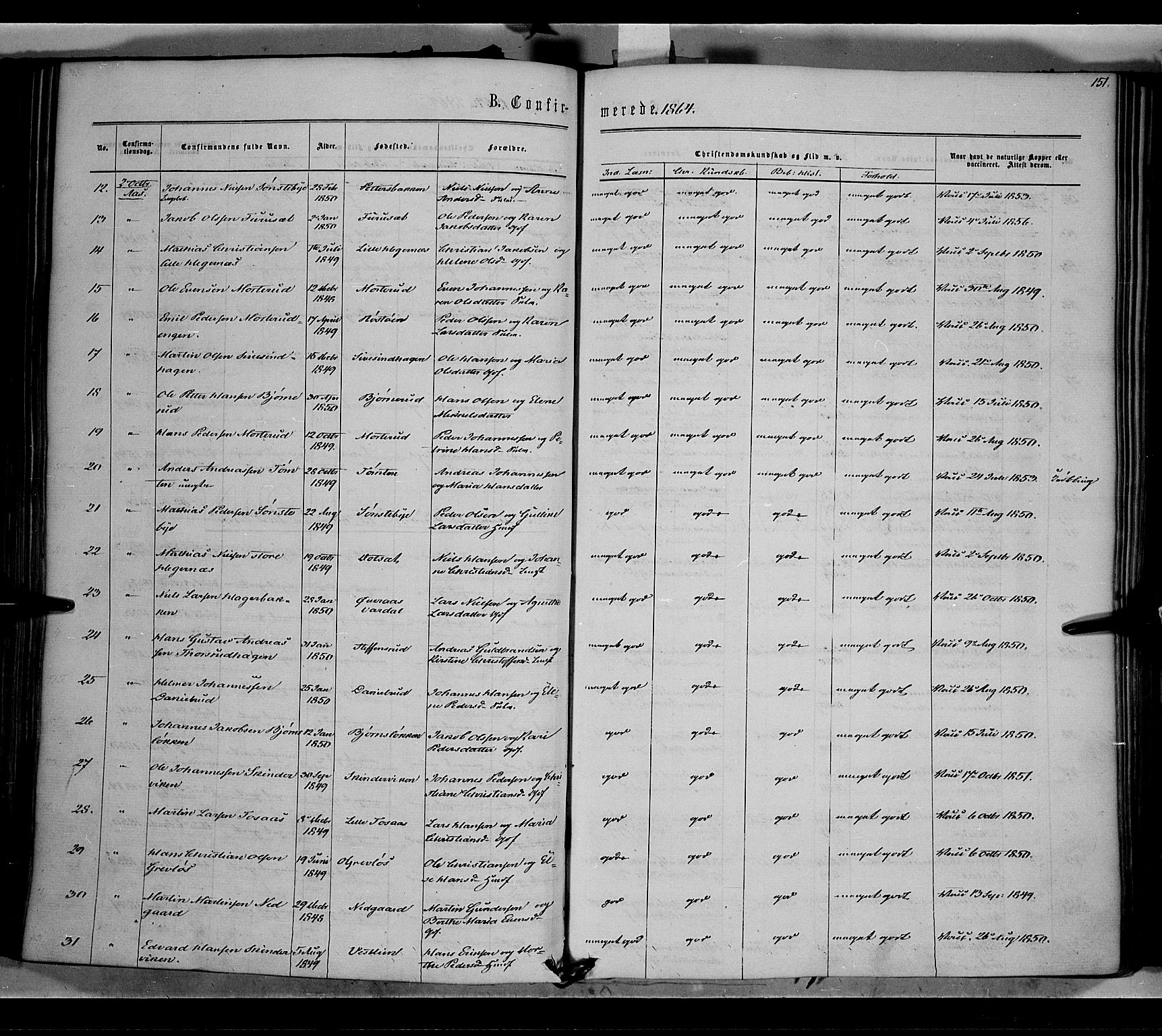 Vestre Toten prestekontor, SAH/PREST-108/H/Ha/Haa/L0007: Parish register (official) no. 7, 1862-1869, p. 151