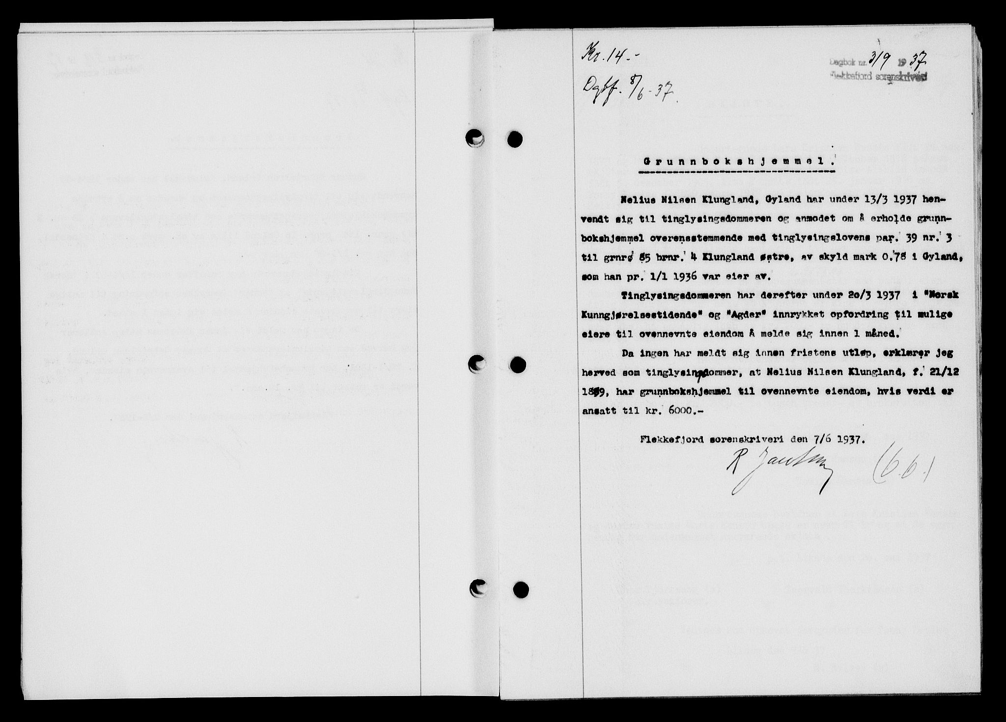 Flekkefjord sorenskriveri, SAK/1221-0001/G/Gb/Gba/L0053: Mortgage book no. A-1, 1936-1937, Diary no: : 319/1937