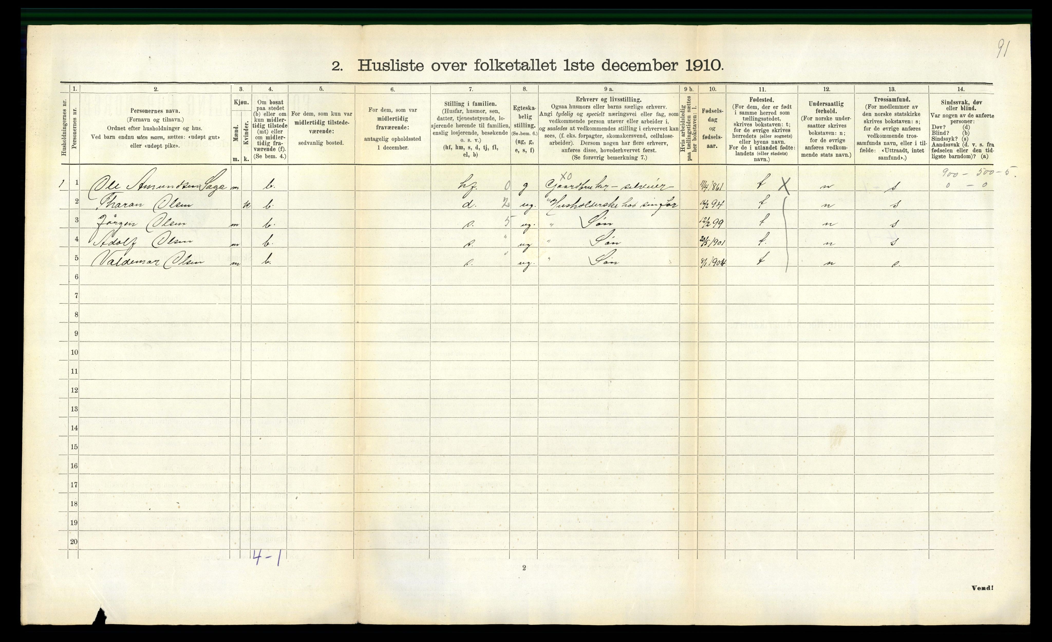 RA, 1910 census for Slemdal, 1910, p. 54