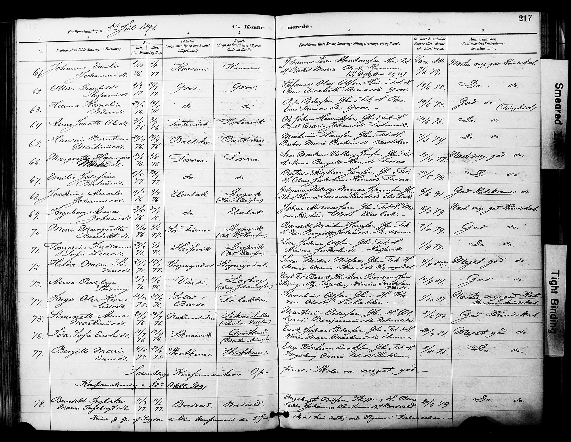 Ibestad sokneprestembete, SATØ/S-0077/H/Ha/Haa/L0012kirke: Parish register (official) no. 12, 1890-1900, p. 217