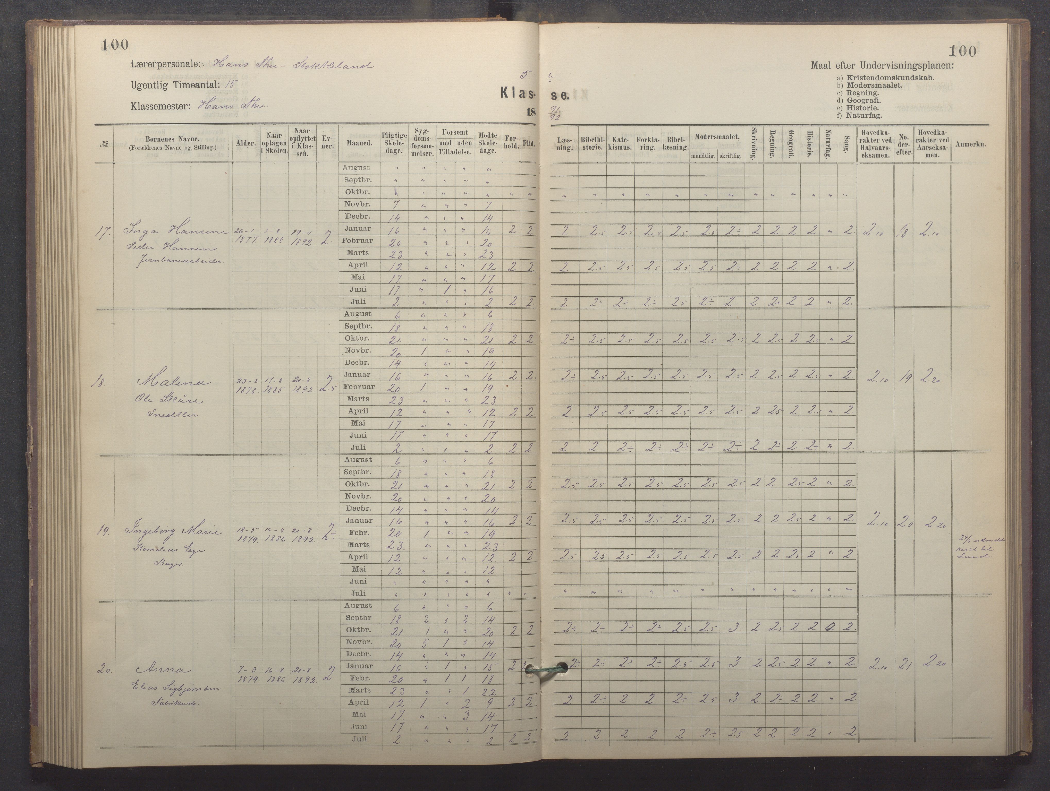 Egersund kommune (Ladested) - Egersund almueskole/folkeskole, IKAR/K-100521/H/L0022: Skoleprotokoll - Almueskolen, 5. klasse, 1886-1892, p. 100