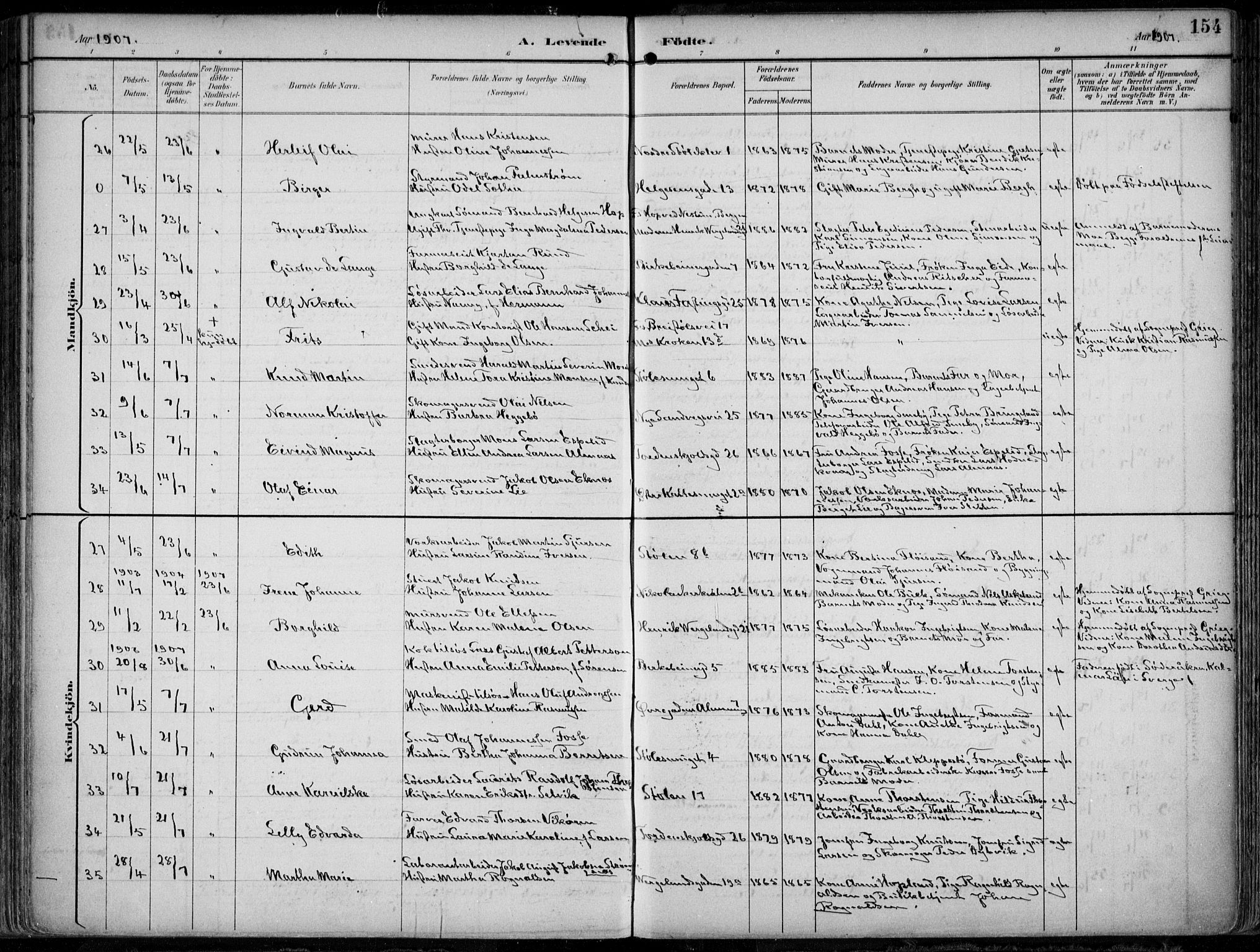 Mariakirken Sokneprestembete, SAB/A-76901/H/Hab/L0005: Parish register (copy) no. A 5, 1893-1913, p. 154