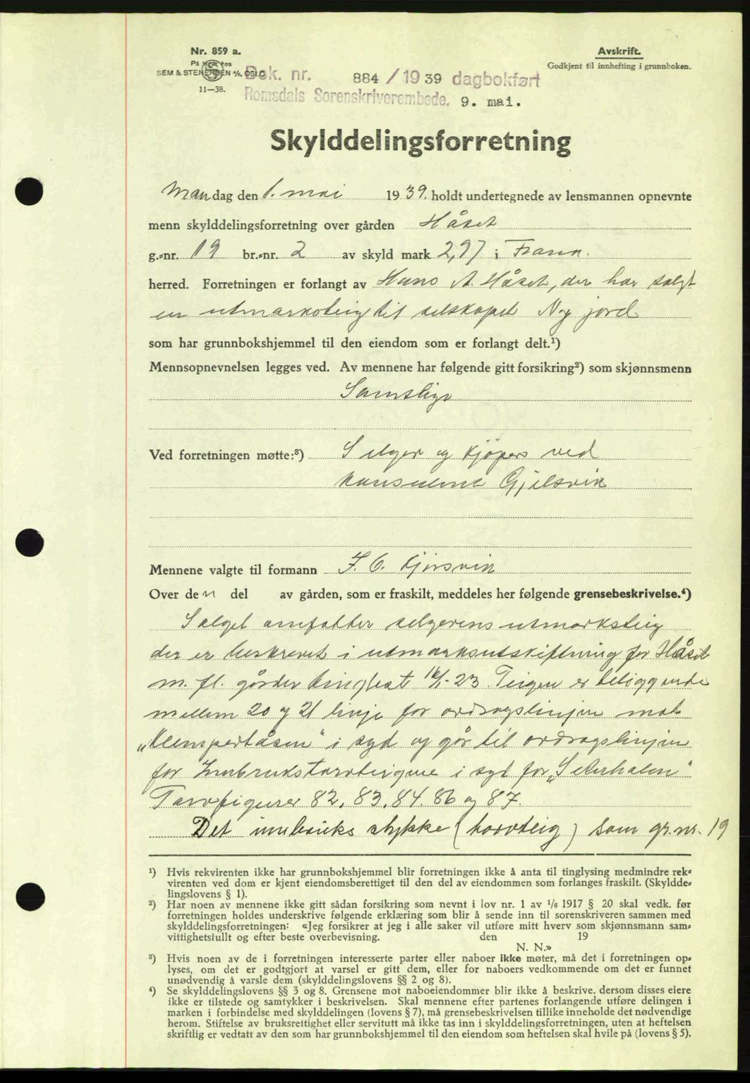 Romsdal sorenskriveri, AV/SAT-A-4149/1/2/2C: Mortgage book no. A6, 1938-1939, Diary no: : 884/1939