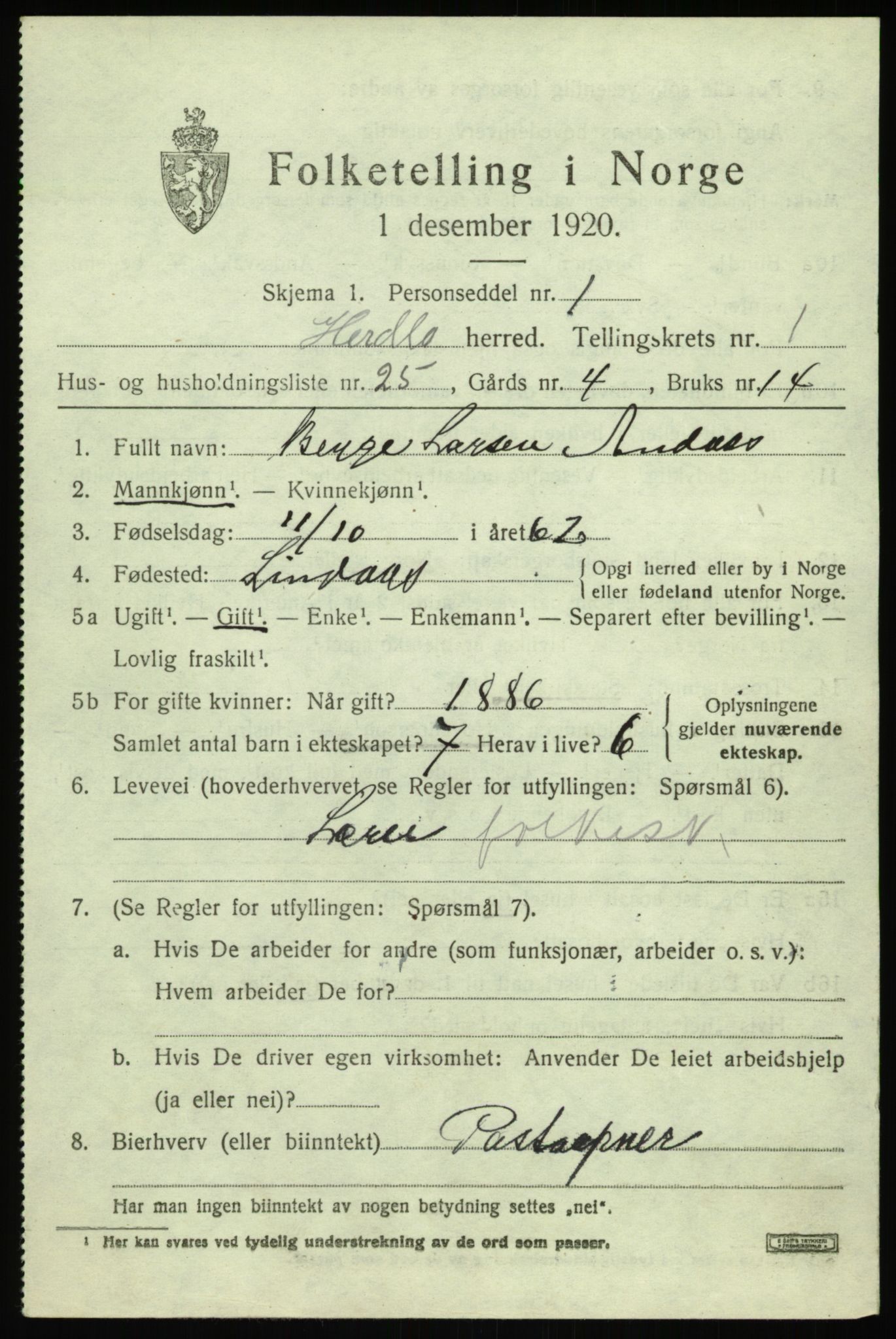 SAB, 1920 census for Herdla, 1920, p. 1603