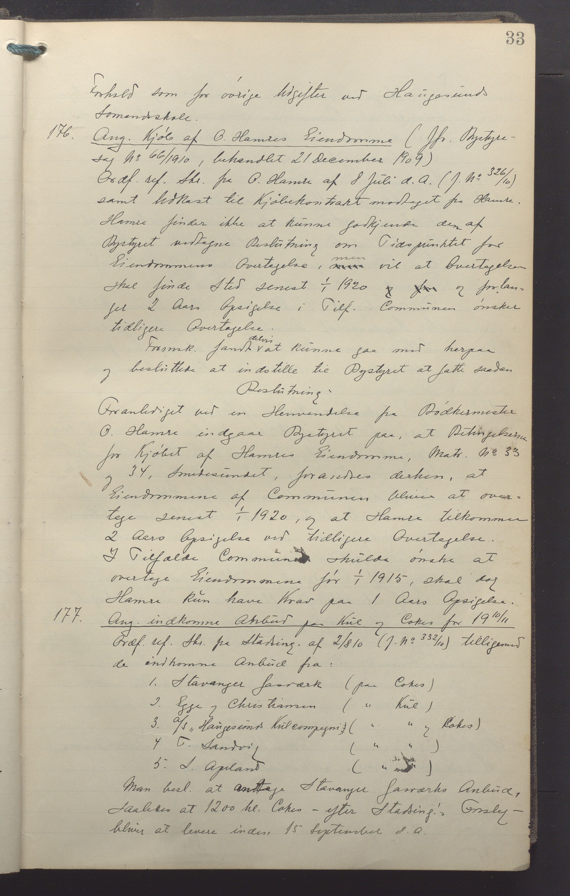 Haugesund kommune - Formannskapet, IKAR/X-0001/A/L0010: Møtebok, 1910-1912, p. 33