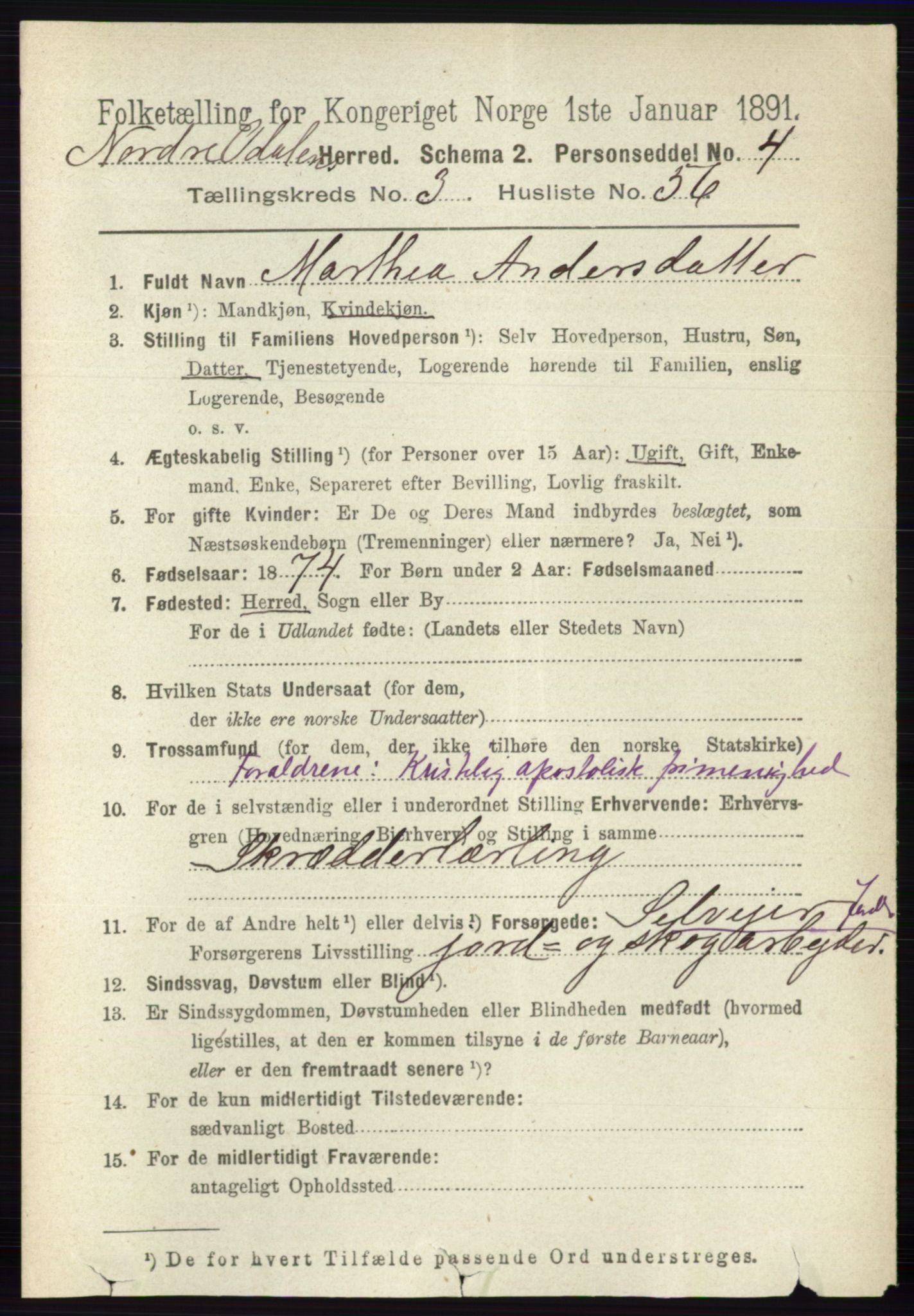 RA, 1891 census for 0418 Nord-Odal, 1891, p. 1221