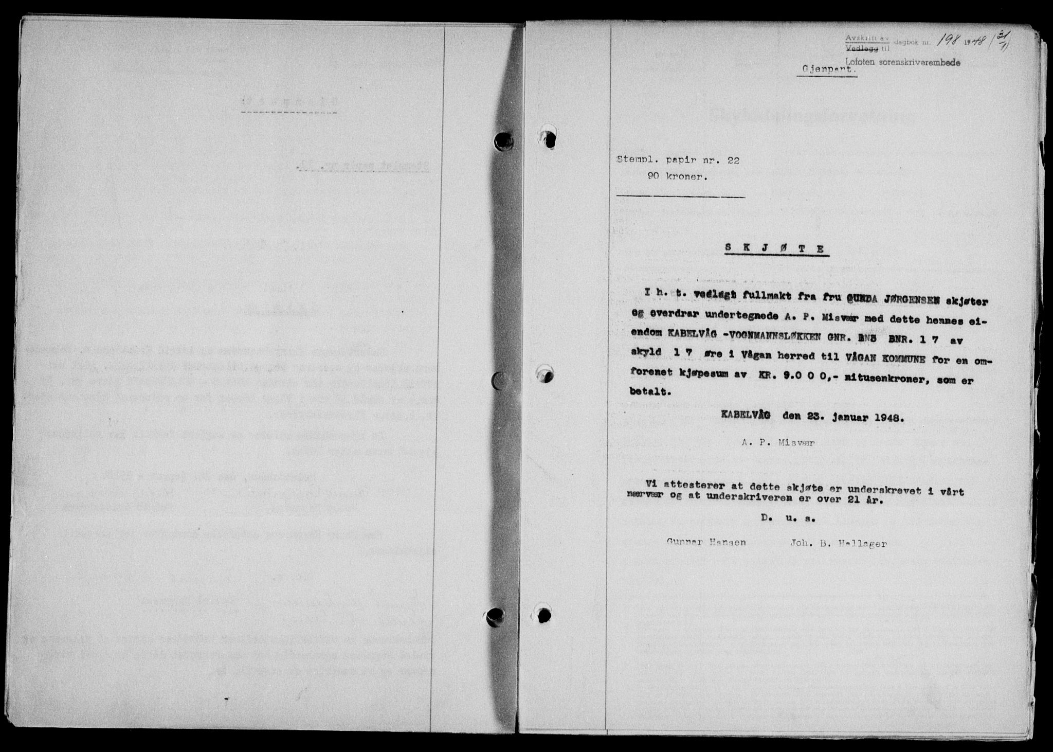 Lofoten sorenskriveri, SAT/A-0017/1/2/2C/L0017a: Mortgage book no. 17a, 1947-1948, Diary no: : 198/1948