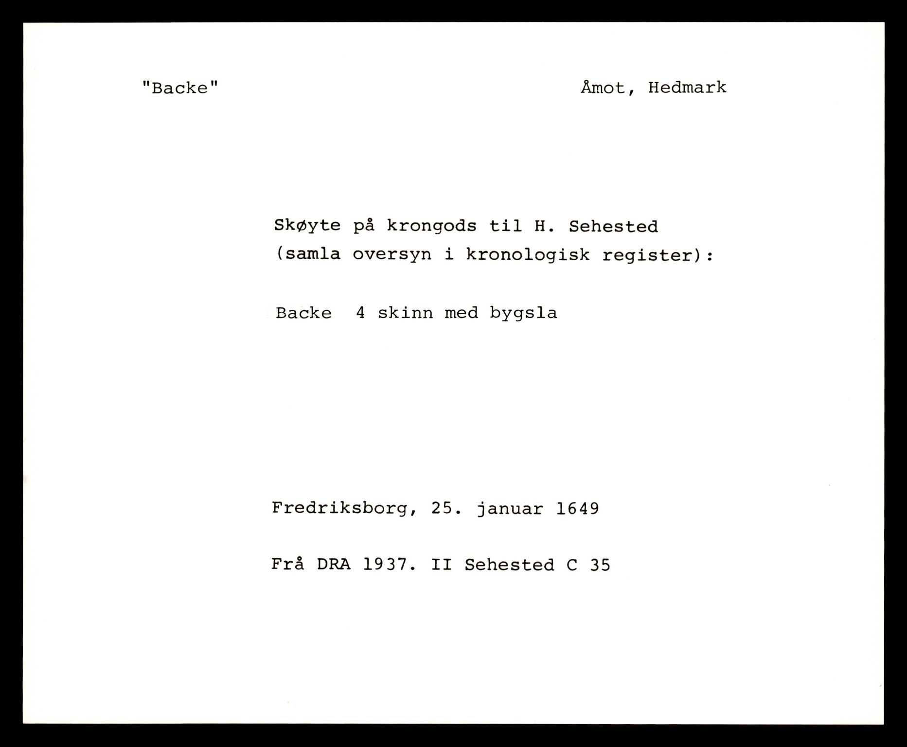 Riksarkivets diplomsamling, AV/RA-EA-5965/F35/F35e/L0008: Registreringssedler Hedmark 2, 1400-1700, p. 229