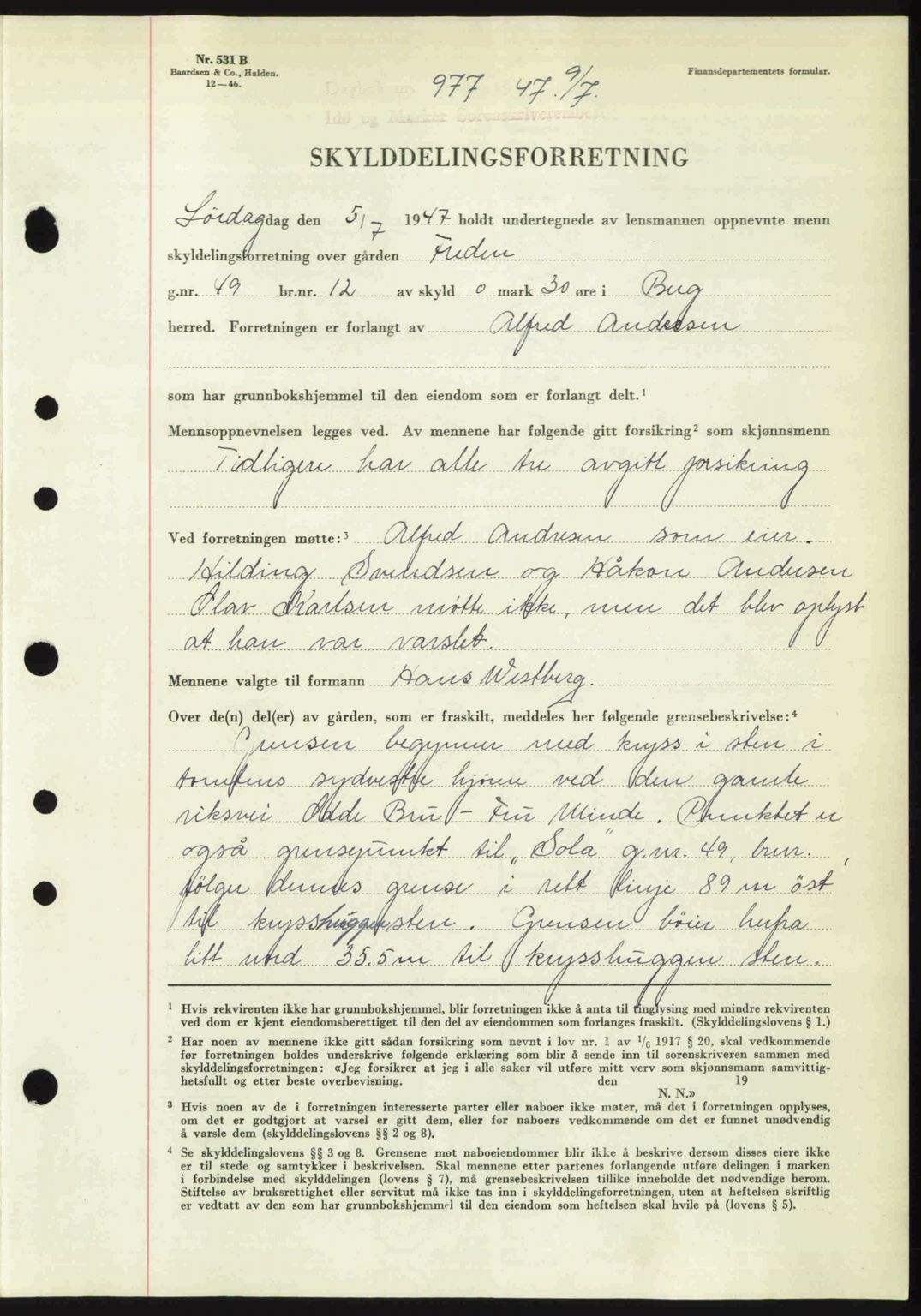 Idd og Marker sorenskriveri, SAO/A-10283/G/Gb/Gbb/L0009: Mortgage book no. A9, 1946-1947, Diary no: : 977/1947